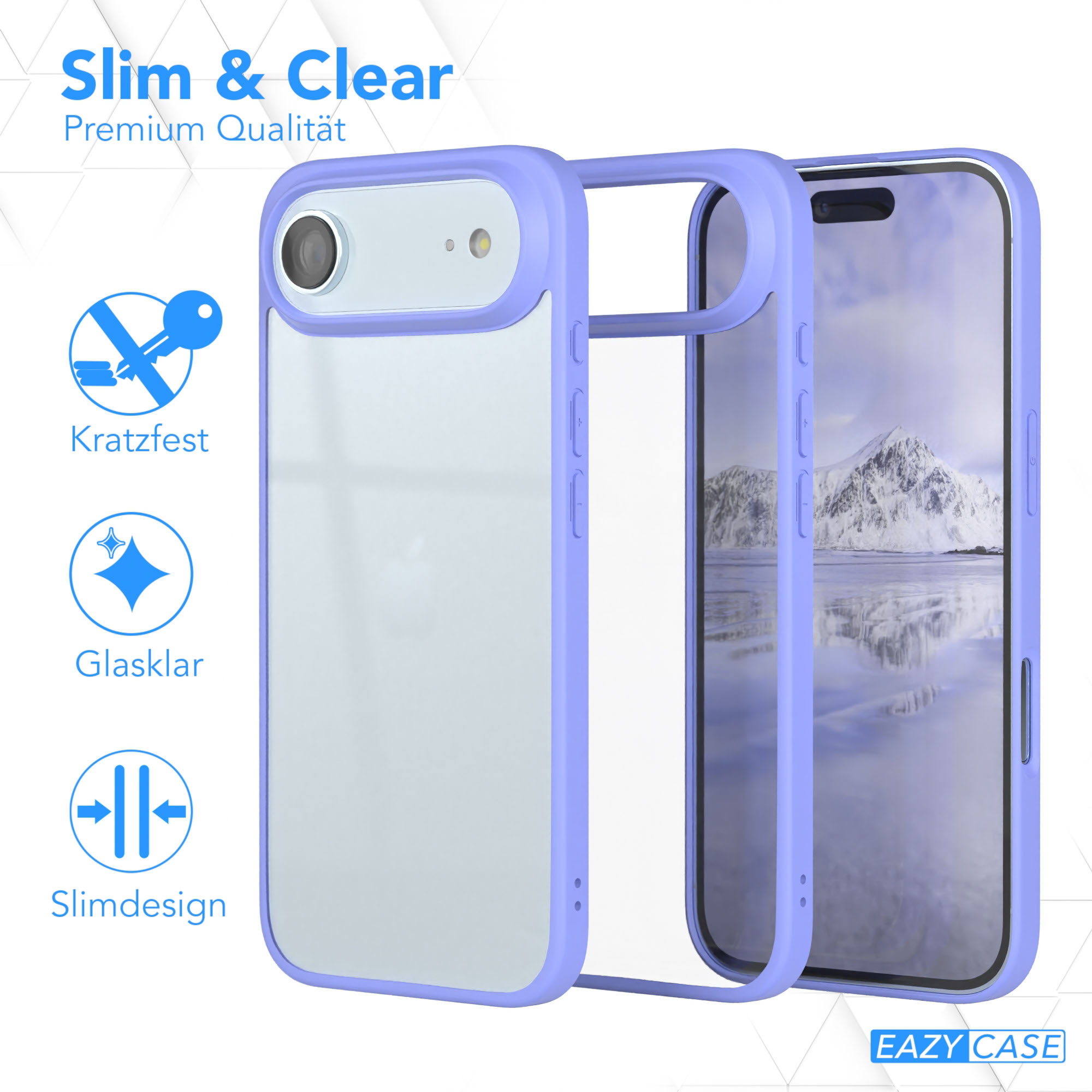Das Bild zeigt eine Handyhülle mit einem Telefon darin. Die Hülle ist lila und durchsichtig. Text enthält 'Slim & Clear' und 'Eazy Case'.