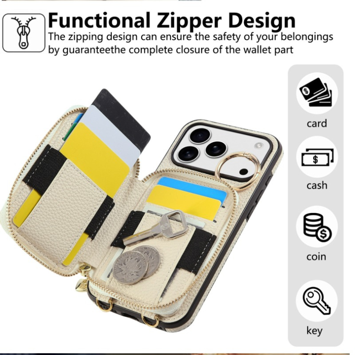 Eine beige Geldbörse-Handyhülle mit Karten, Münzen und einem Schlüssel. Ein funktionelles Reißverschlussdesign ist abgebildet.