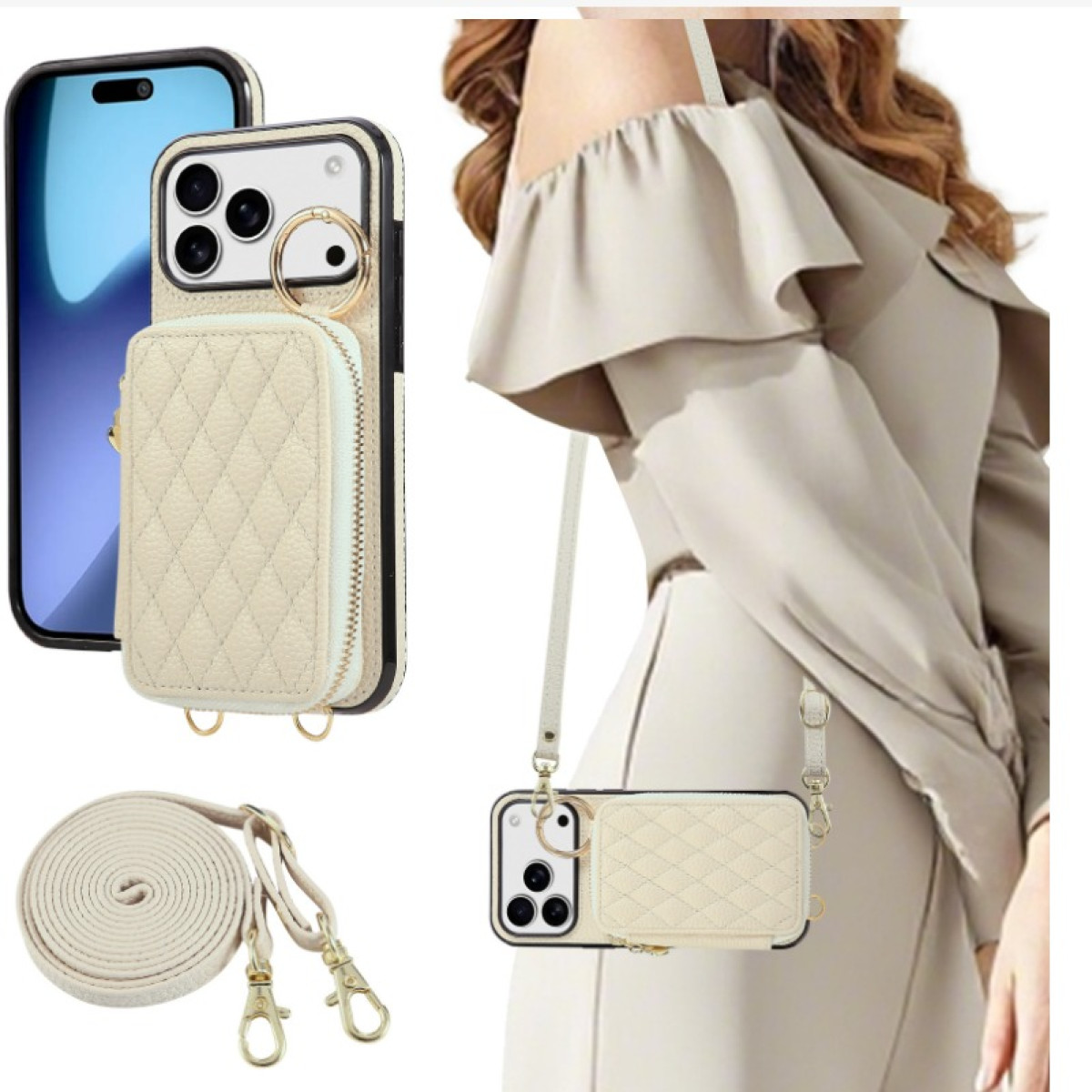 Frau mit Handyhülle, Schulterriemen und Telefon. Die Hülle ist beige, gesteppt und hat einen Ring. Die Frau trägt ein beiges Kleid.