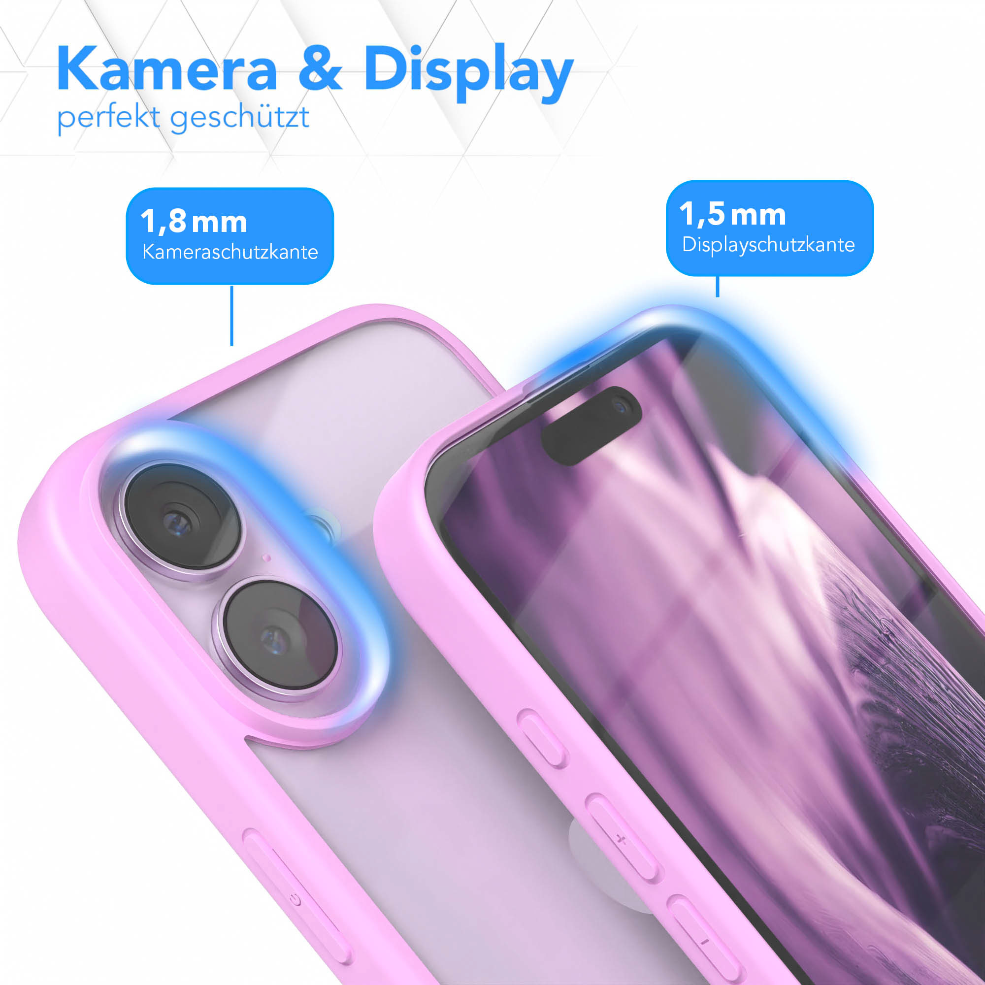 Rosa Handyhülle schützt ein Handy. Blaue Highlights. Text: 'Kamera & Display' und 'perfekt geschützt'.