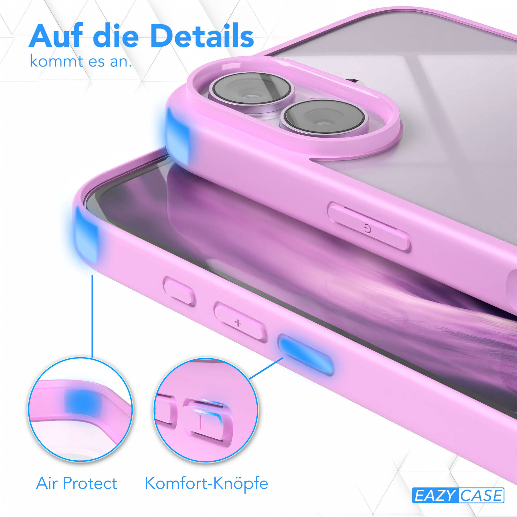 Nahaufnahme einer rosa Handyhülle mit hervorgehobenen Details. Enthält Air Protect und Komfort-Knöpfe. EAZY CASE Logo sichtbar.
