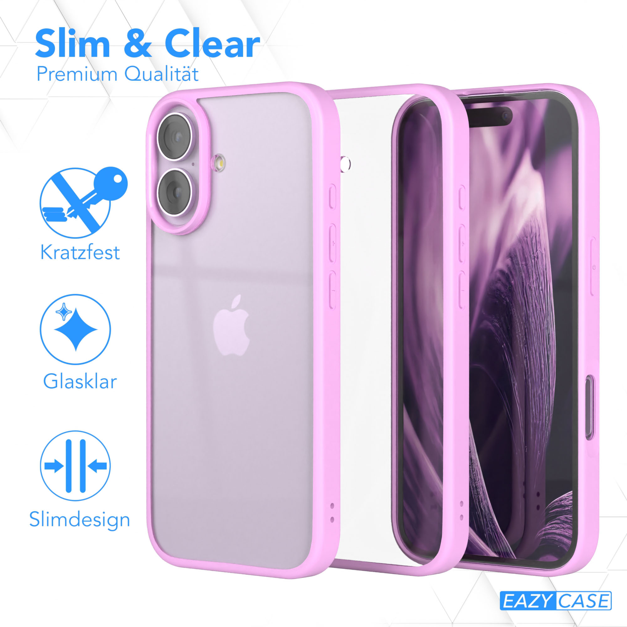 Rosa Handyhülle mit transparenten Schichten. Schlankes Design. Text: 'Slim & Clear' und 'Eazy Case'.