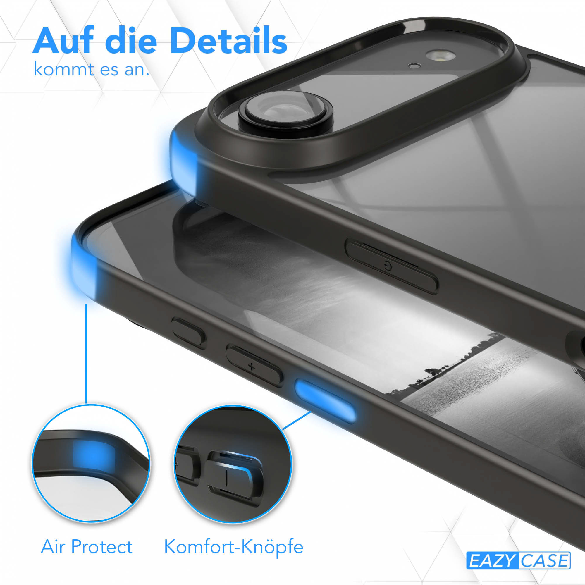 Nahaufnahme einer schwarzen Handyhülle. Blaue Akzente heben Funktionen wie Knöpfe und Kanten hervor. Text lautet 'Air Protect' und 'Komfort-Knöpfe'.