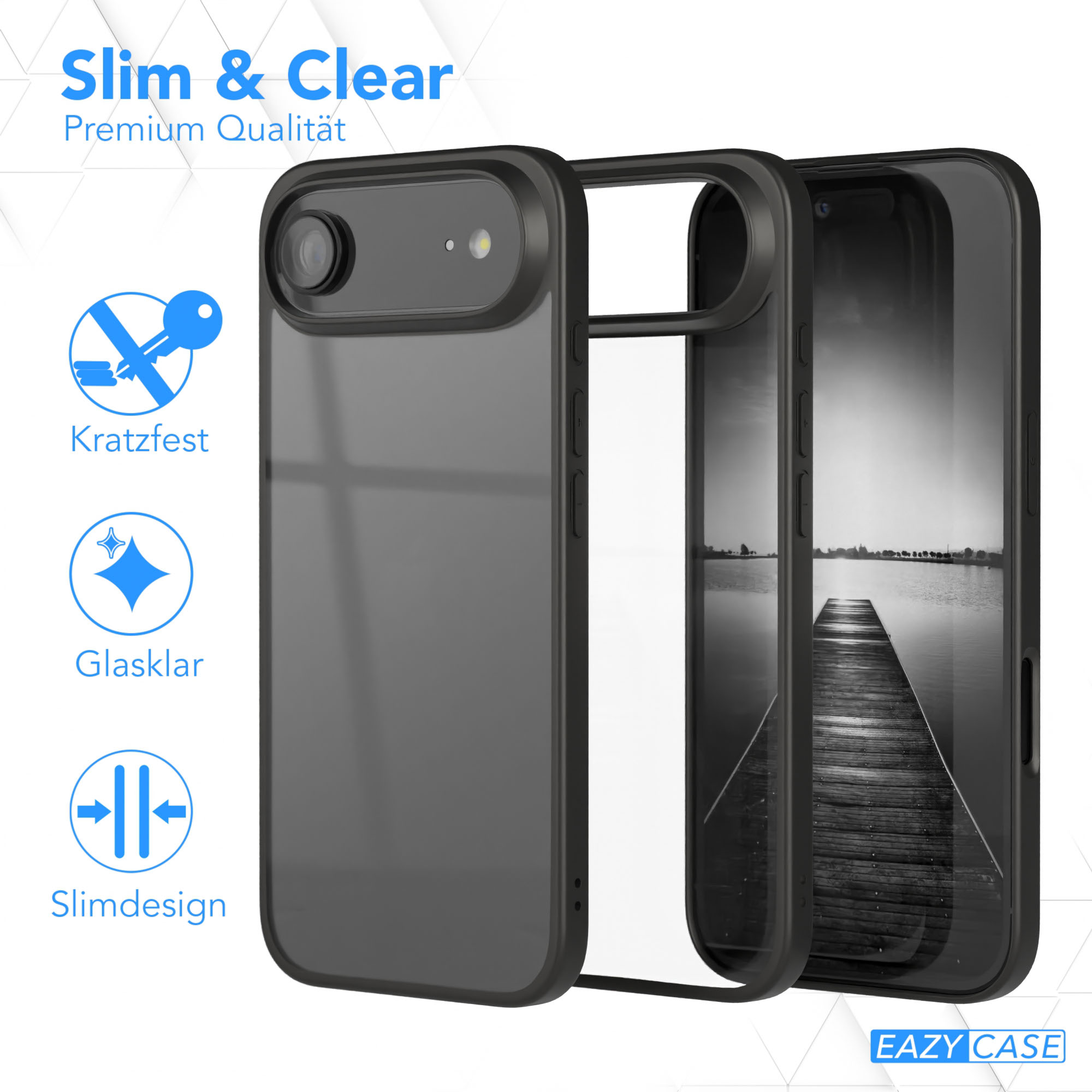 Eine Handyhülle mit transparentem Design. Es hat einen schwarzen Rahmen. Der Hintergrund zeigt einen See mit einem Holzsteg.