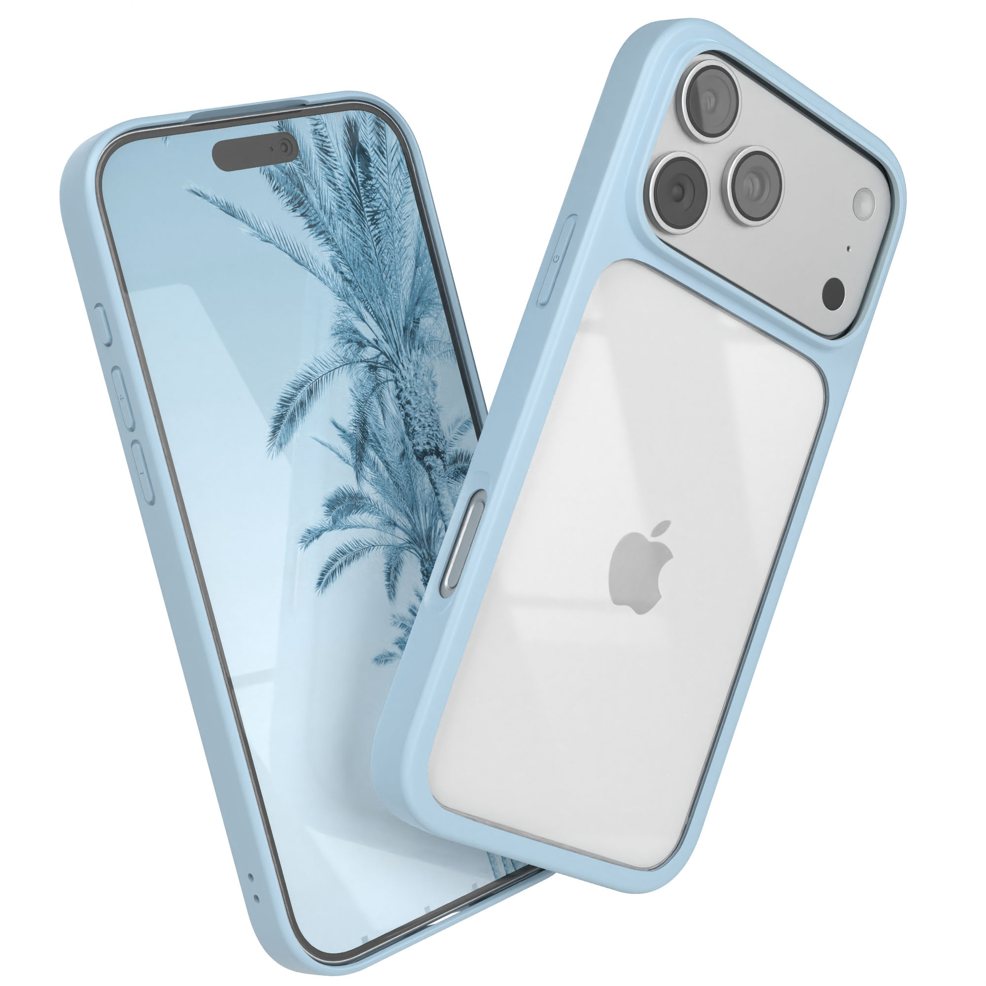 Zwei blaue iPhones mit Palmen-Tapete und transparenten Hüllen, eins geneigt. Apple-Logo sichtbar.
