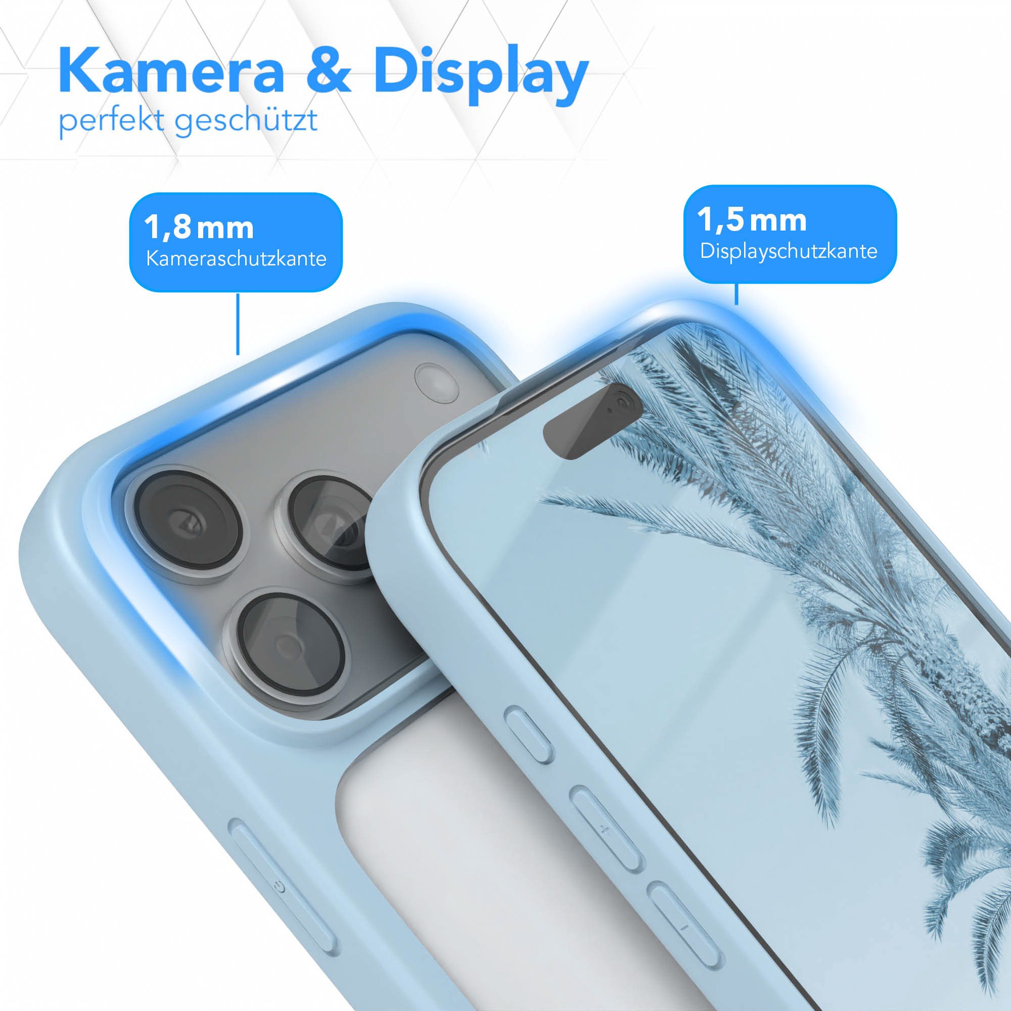 Gezeigt wird eine Handyhülle, die Kamera und Display schützt. Sie ist hellblau. Der Bildschirm zeigt eine Palme.