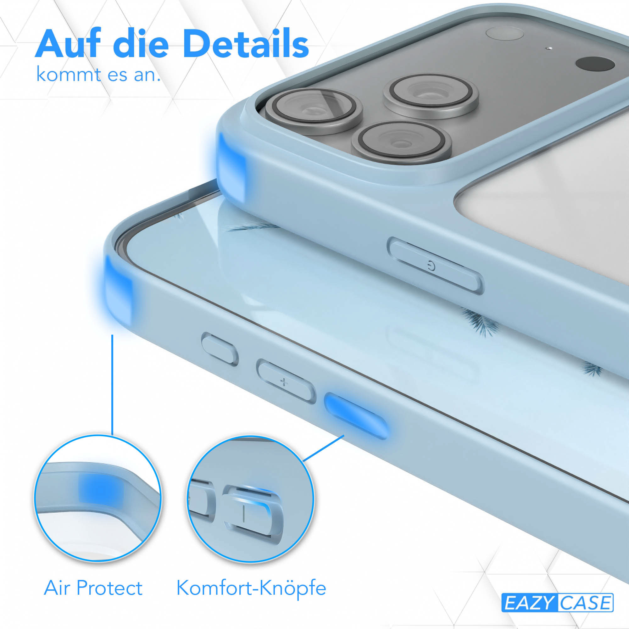 Zwei hellblaue Handyhüllen werden gezeigt, wobei Funktionen wie Luftschutz und Komforttasten hervorgehoben werden, mit Text und Logos.
