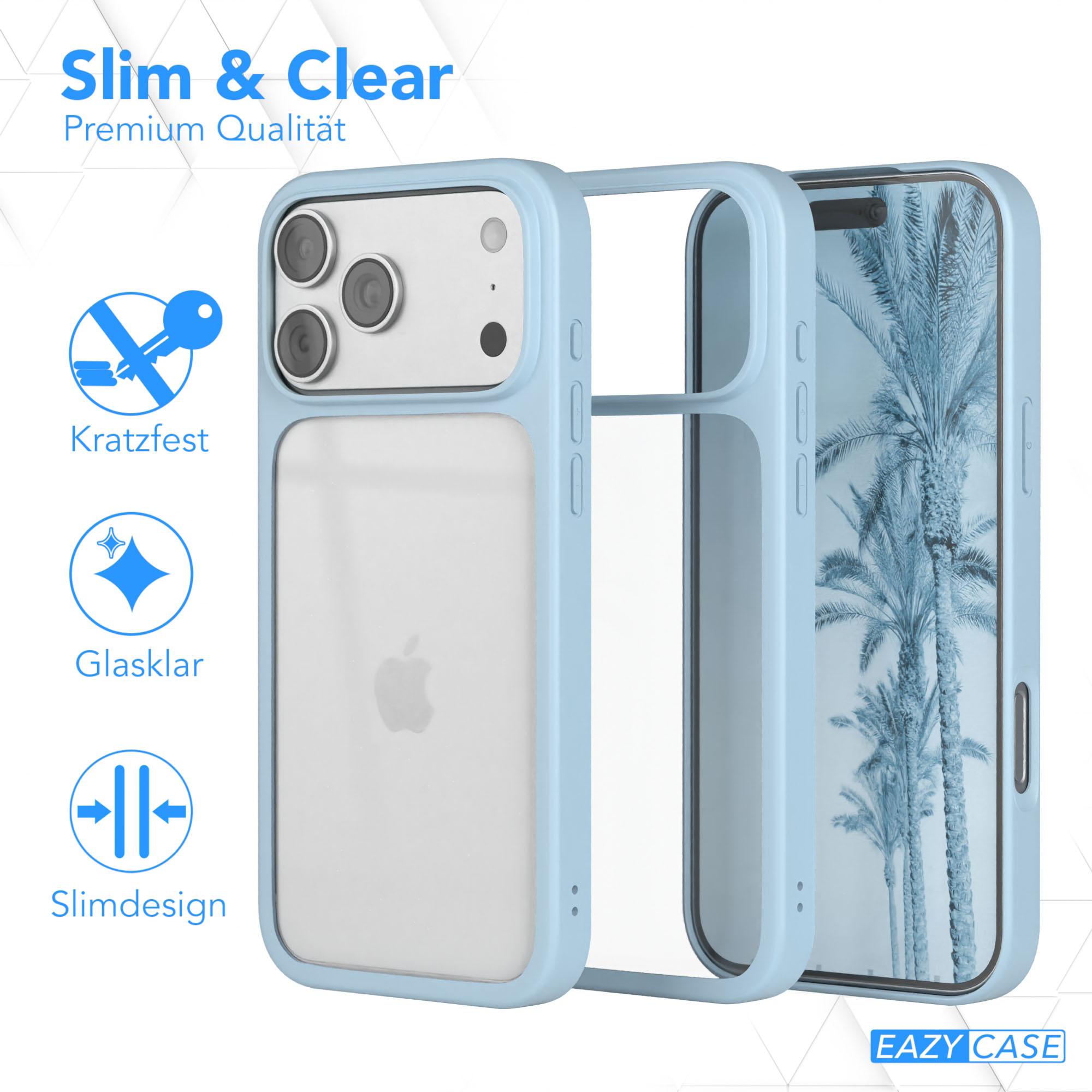 Eine Handyhülle, mit blauem Rahmen und klarer Rückseite, wird mit einem Telefon im Inneren angezeigt. Der Hintergrund zeigt Palmen.