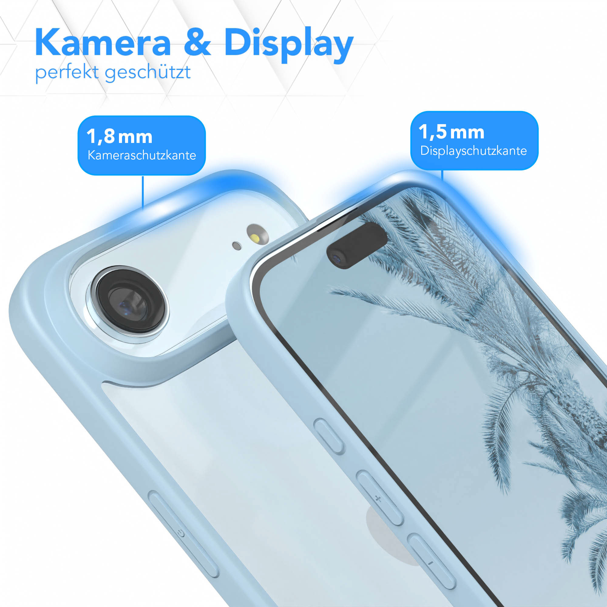Zwei Telefone in hellblauen Hüllen. Eines zeigt eine Kameralinse, das andere einen Displayschutz. Text erwähnt Kamera und Display.
