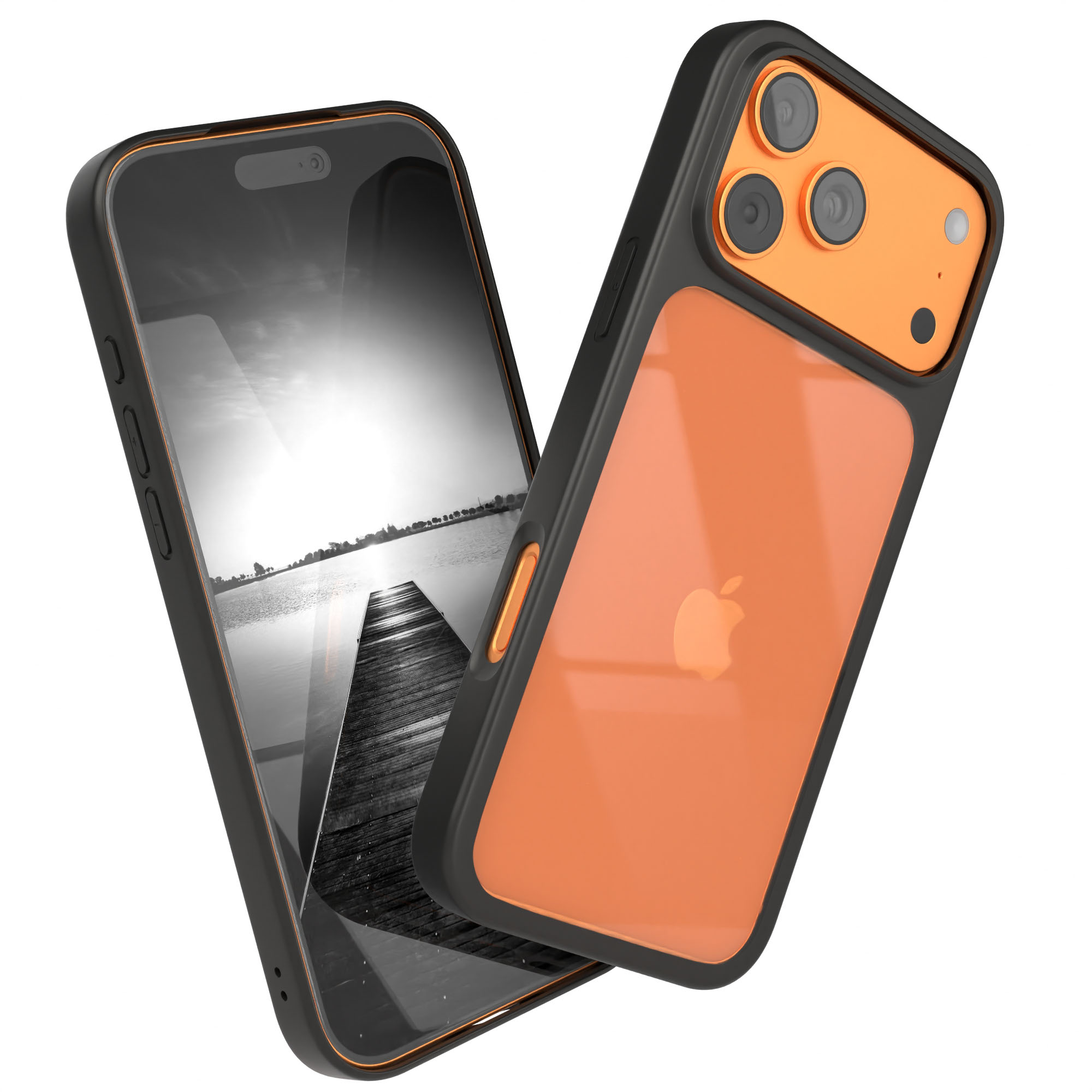 Ein iPhone mit orangefarbener Hülle, das eine schwarz-weiße Seeszene zeigt. Die Hülle hat einen schwarzen Rahmen.