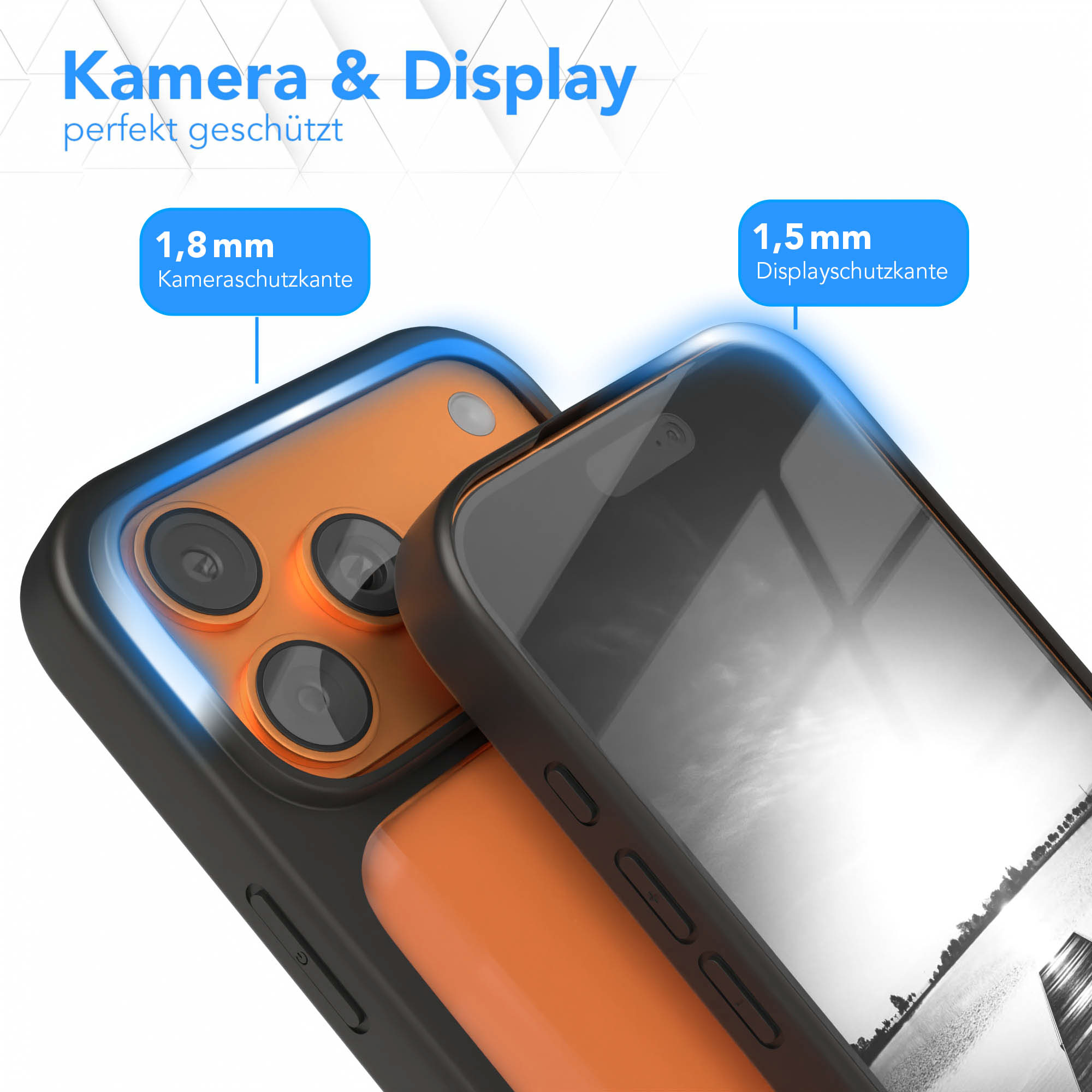 Das Bild zeigt zwei Telefone, eines orange und schwarz, mit Schutzhüllen. Text hebt den Kamera- und Displayschutz hervor.