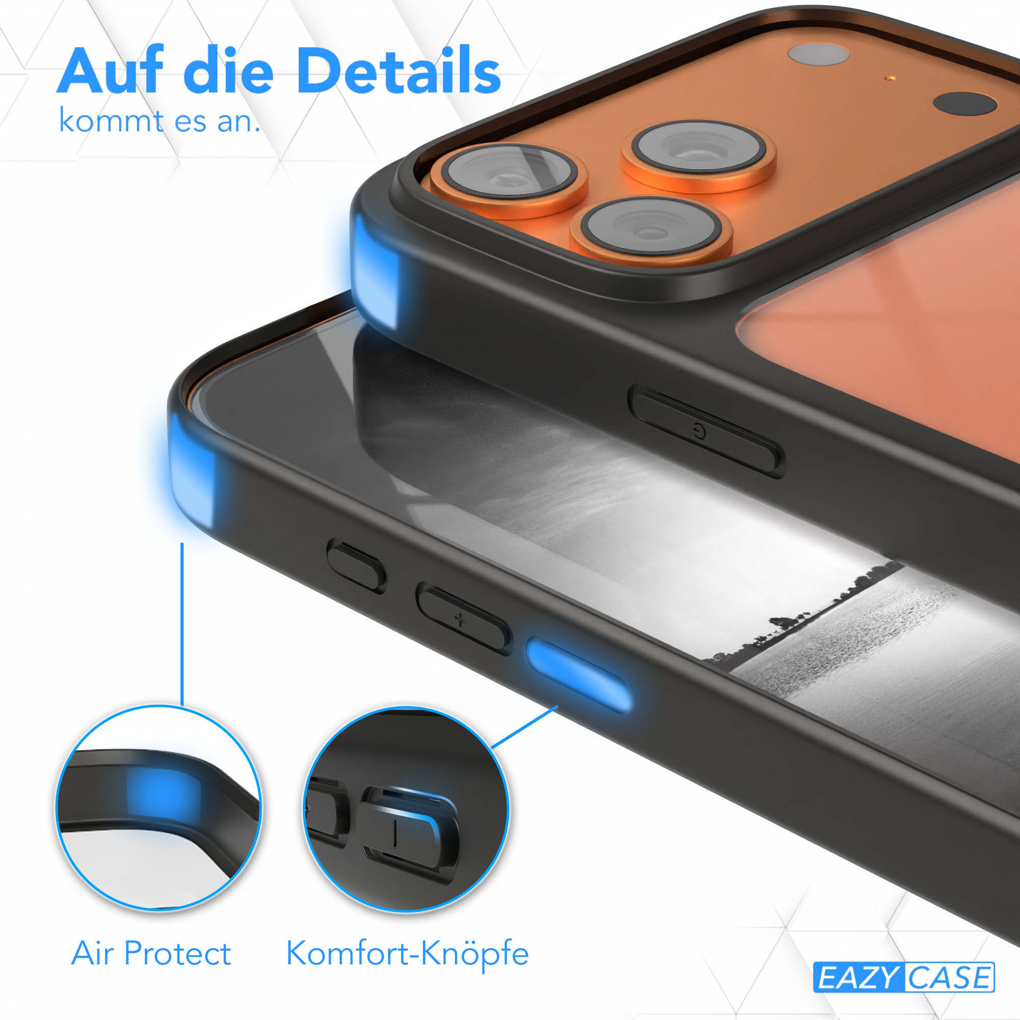 Eine Handyhülle mit schwarzem Rahmen, orangefarbenem Innenraum und blauen Akzenten, die Details zeigt. Text: Auf die Details, Air Protect, Komfort-Knöpfe.