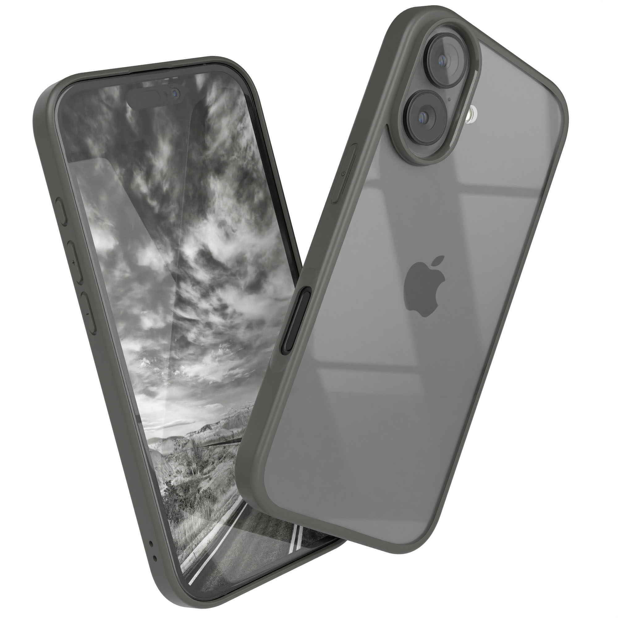 Zwei Smartphones in Schutzhüllen. Eines zeigt eine Landschaft. Beide Telefone sind grau und auf weißem Hintergrund.