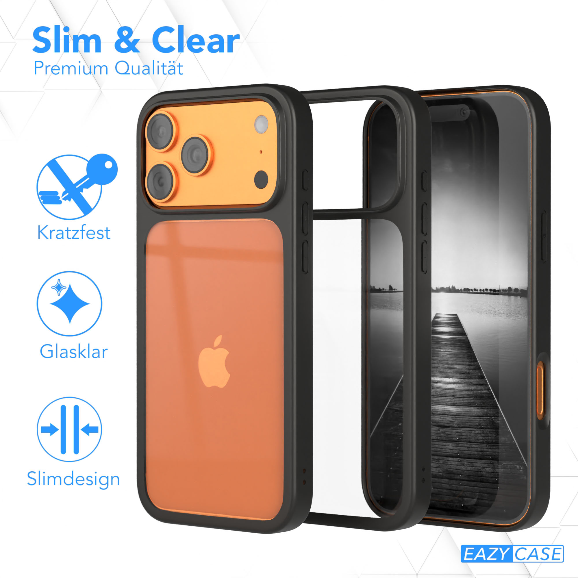 Das Bild zeigt eine Handyhülle mit orangefarbener Rückseite und schwarzem Rahmen. Die Hülle ist transparent und hat das Apple-Logo.
