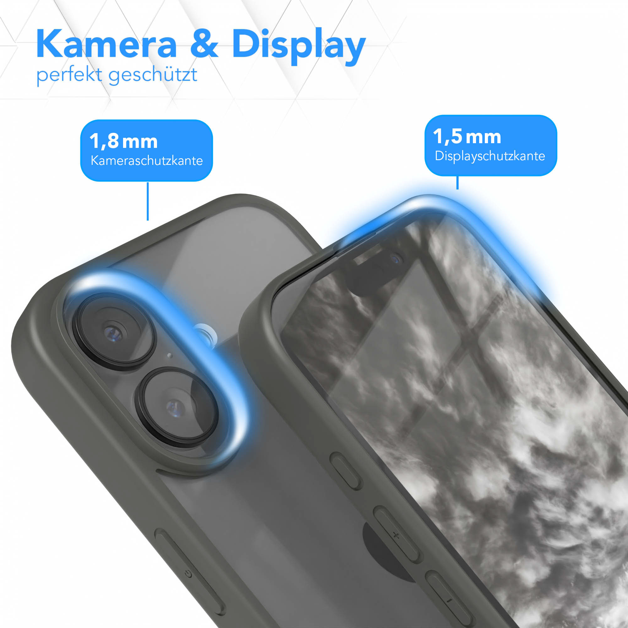 Nahaufnahme eines Telefons in einem grauen Gehäuse. Text zeigt 1,8 mm Kamera- und 1,5 mm Displayschutz an.