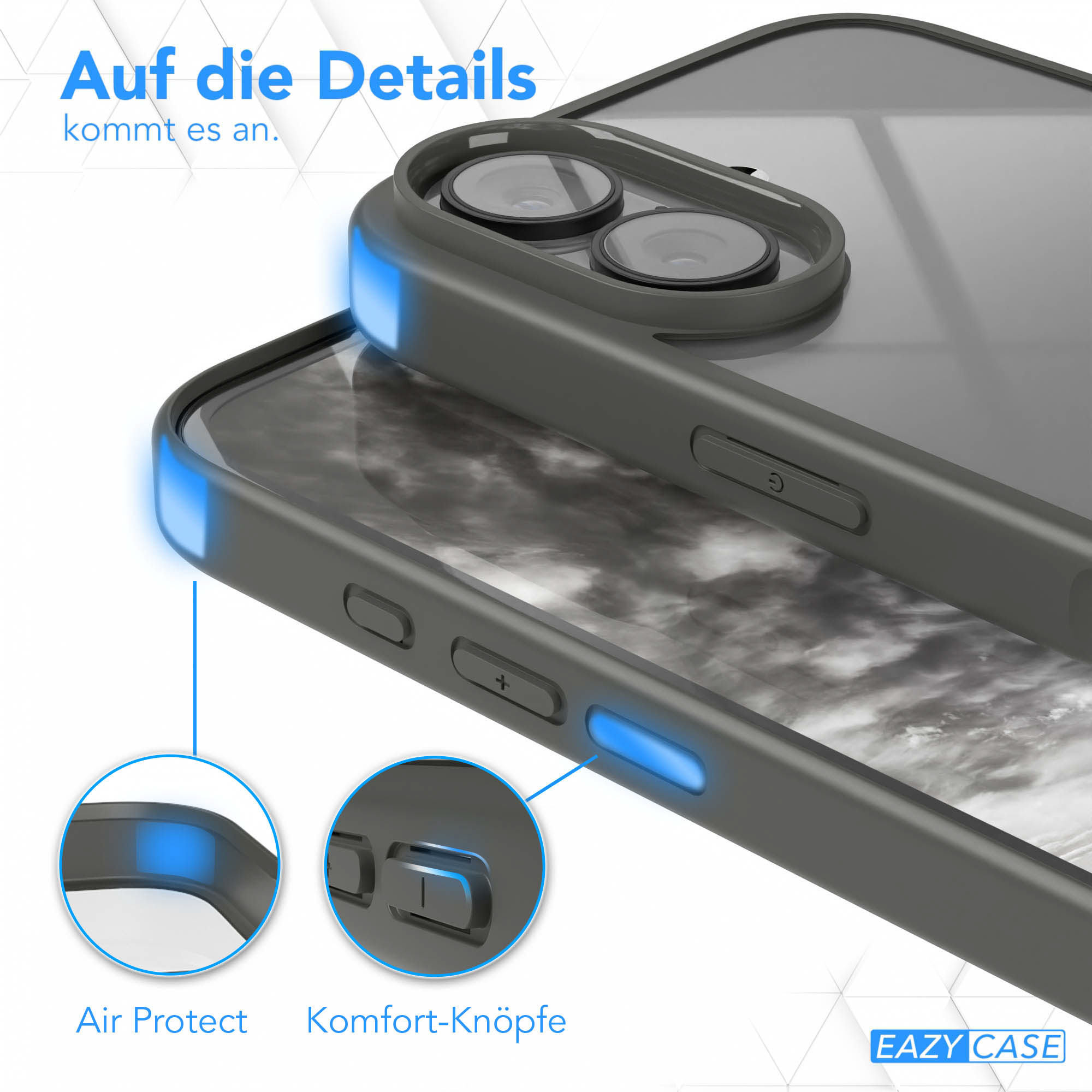 Nahaufnahme einer Handyhülle mit hervorgehobenen Funktionen wie Knöpfen und Kanten. Es ist ein graues Gehäuse mit blauen Akzenten.