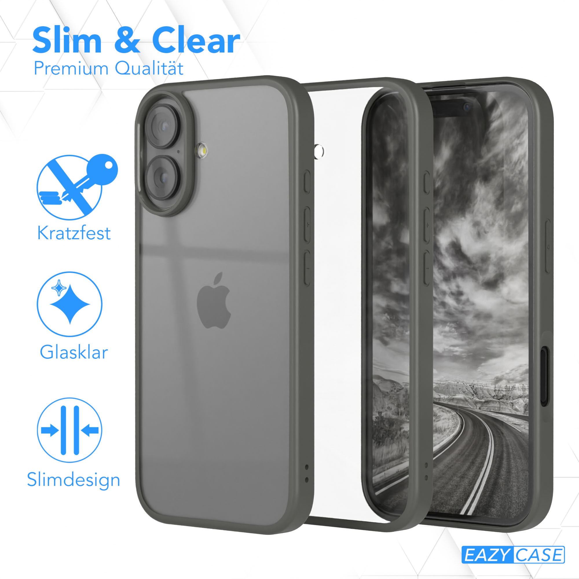 Das Bild zeigt eine Handyhülle mit einem Apple-Logo. Text: Slim & Clear, Premium Qualität, Kratzfest, Glasklar, Slimdesign, Eazy Case.