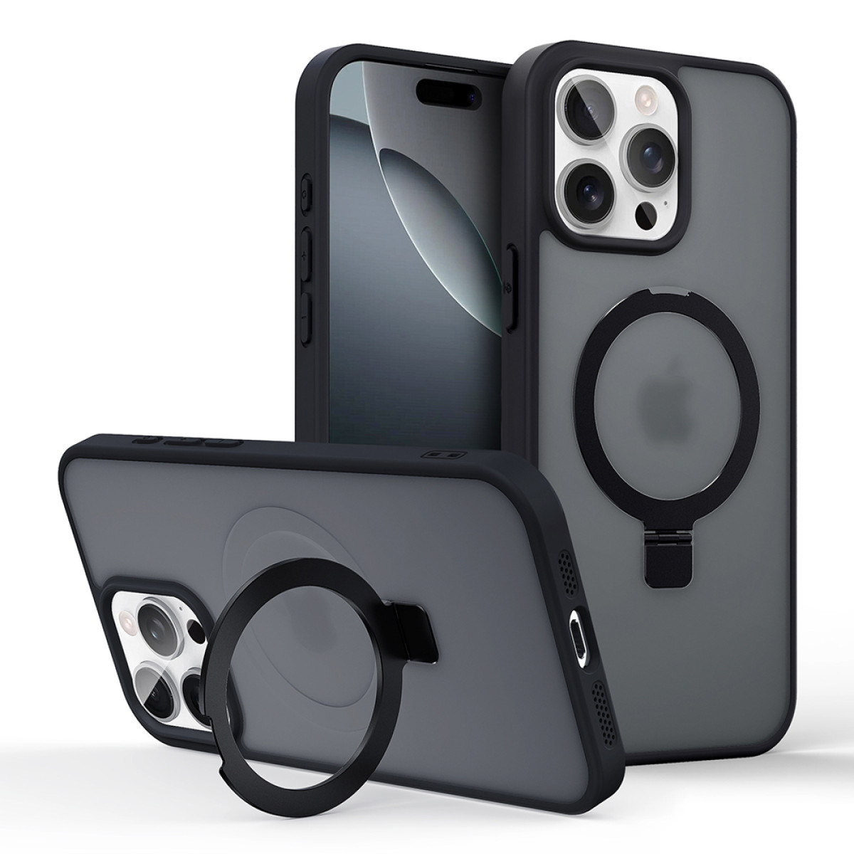 Drei iPhone-Hüllen. Zwei stehen, eine liegt. Schwarze Rahmen, graue Rückseiten. Eine mit Ringständer. Apple-Logo sichtbar. Telefonkameras sichtbar.