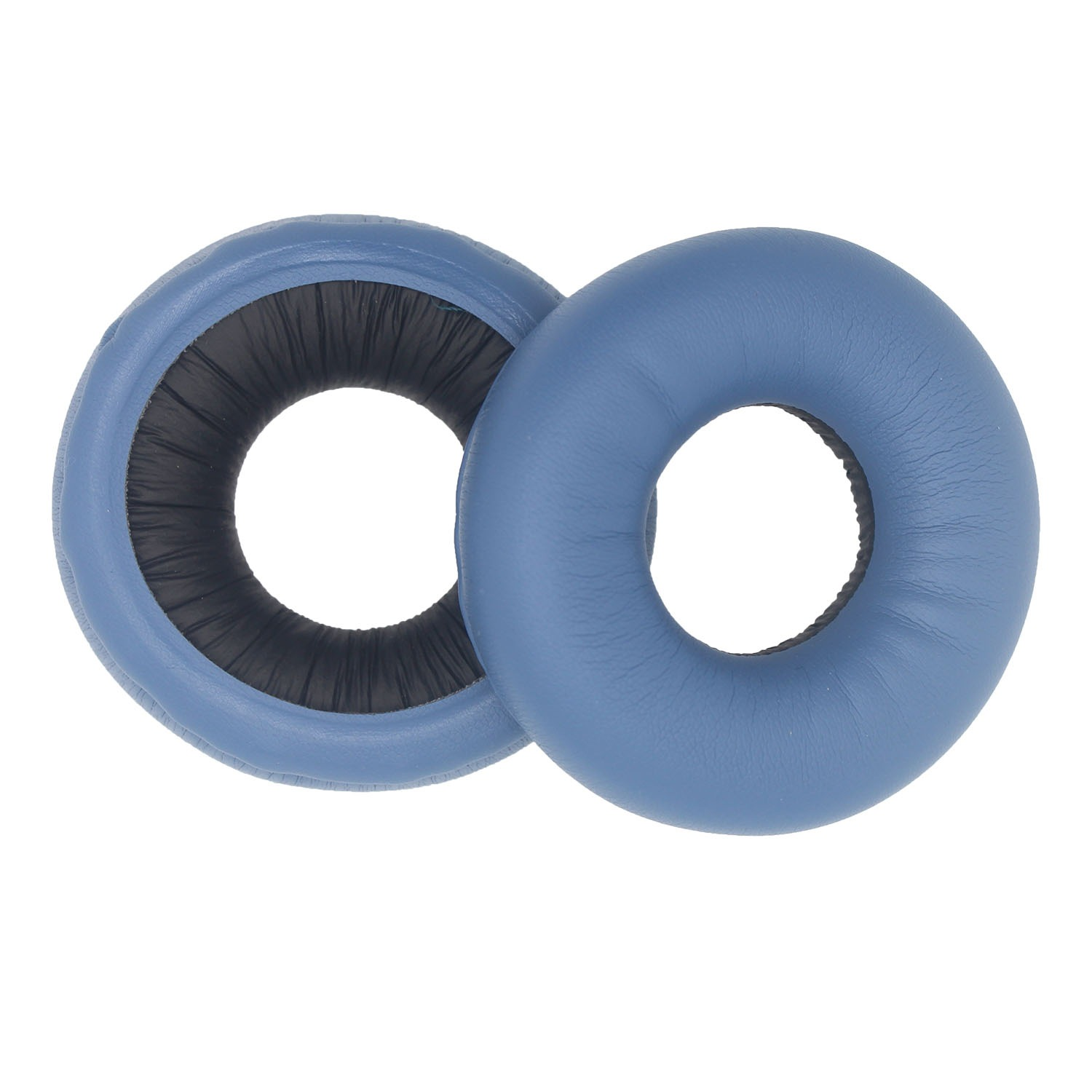 Zwei blaue und schwarze Kopfhörer-Ohrpolster sind abgebildet. Sie haben eine Ringform und bestehen aus Leder oder einem ähnlichen Material.