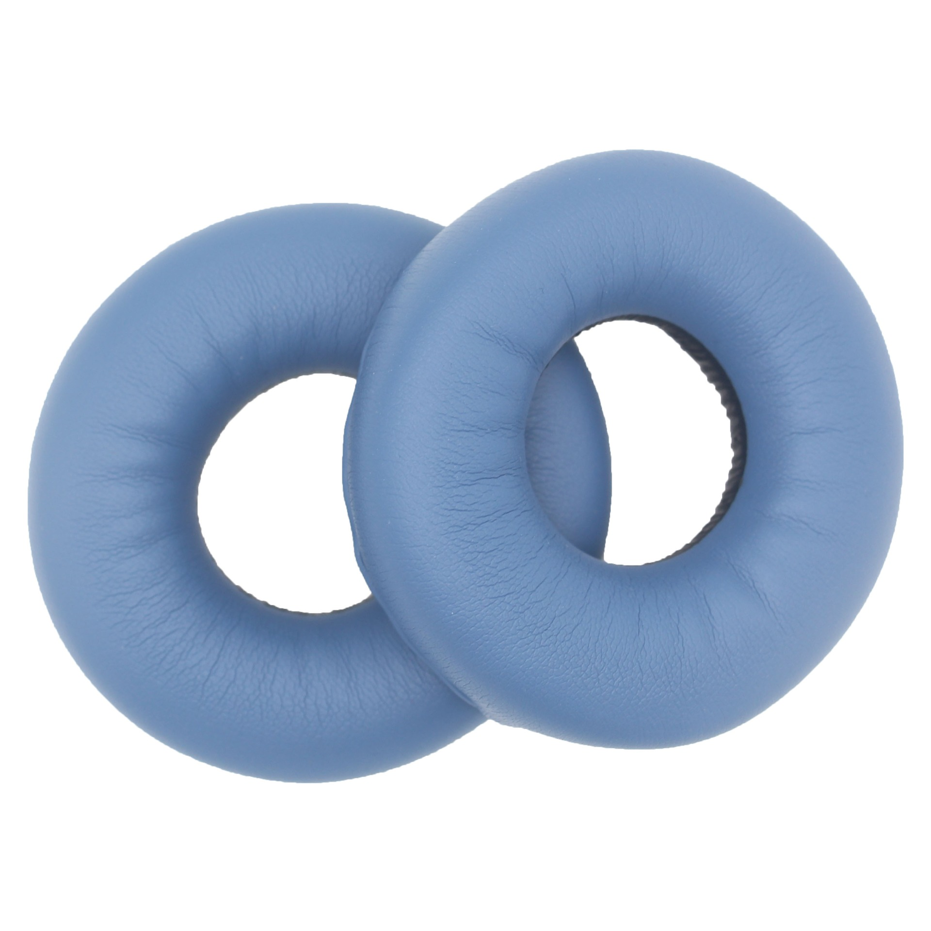 Zwei blaue, donut-förmige Ohrpolster für Kopfhörer, vor weißem Hintergrund. Jedes hat ein zentrales Loch.