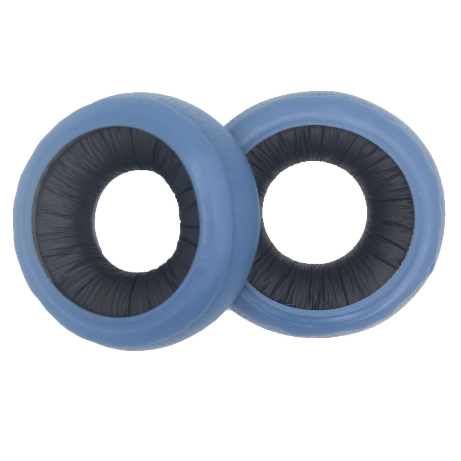 Zwei blaue Ohrpolster mit schwarzem Innenstoff liegen auf weißem Hintergrund. Die Pads sind kreisförmig mit einem Loch in der Mitte.