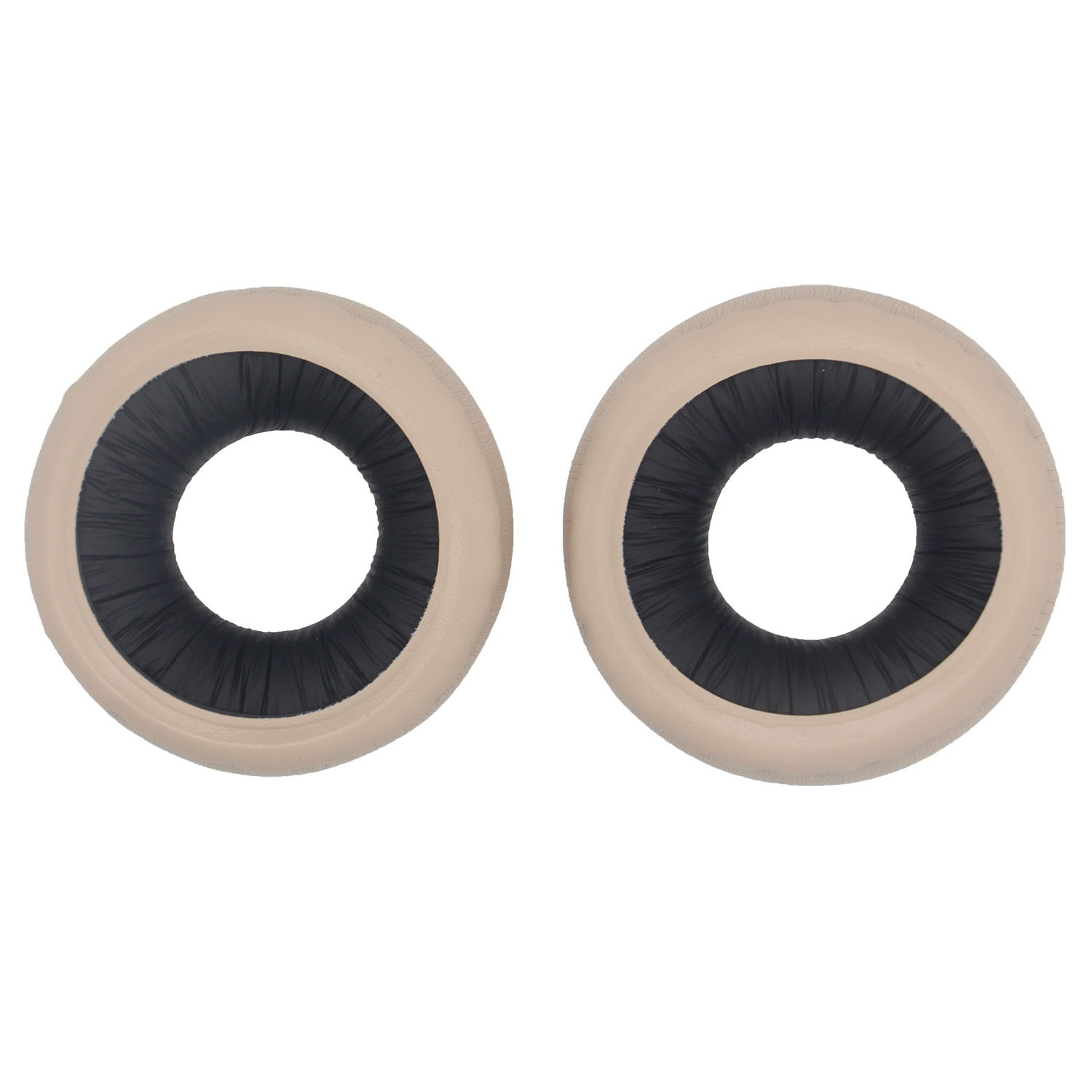 Zwei beige und schwarze kreisförmige Objekte, möglicherweise Ohrmuscheln, sind auf weißem Hintergrund zentriert. Jedes hat ein zentrales Loch.