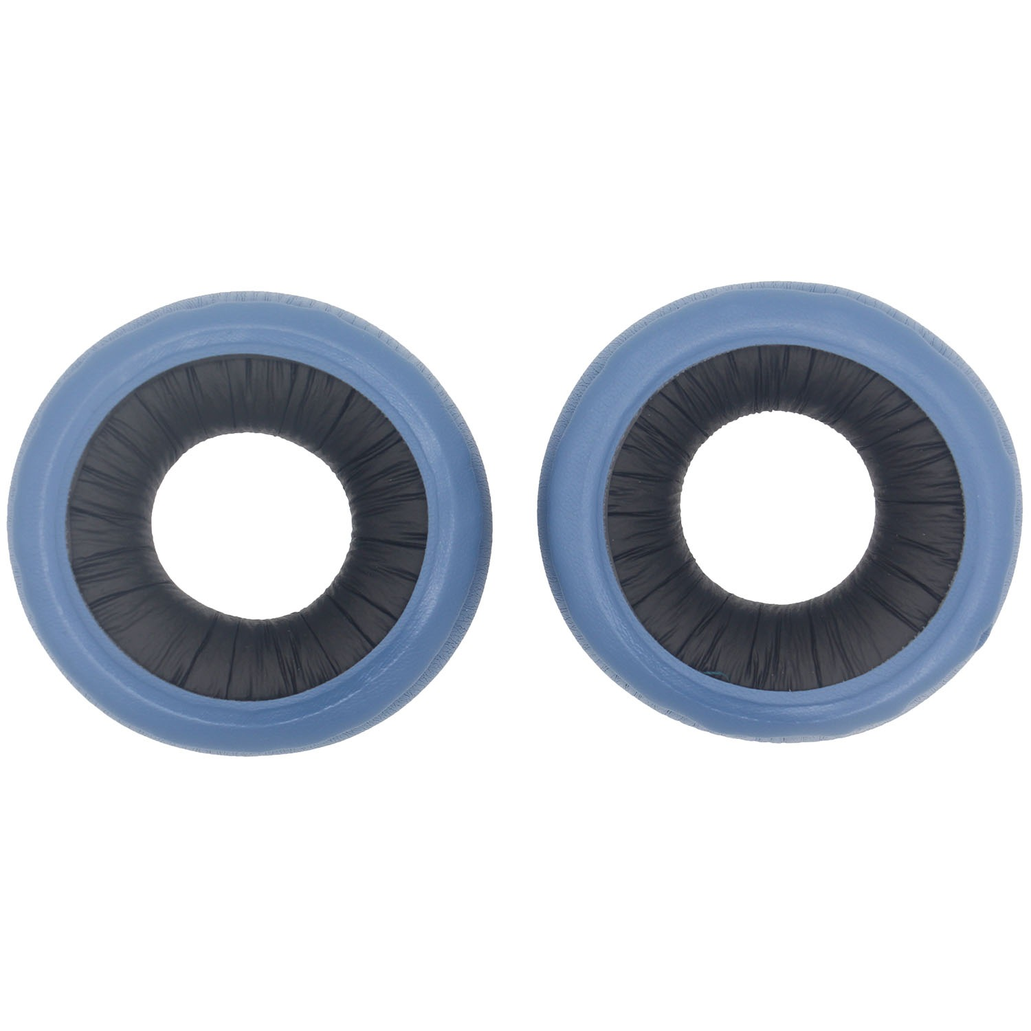 Zwei blaue und schwarze kreisförmige Objekte, die an Ohrmuscheln erinnern, sind vor einem weißen Hintergrund zentriert.