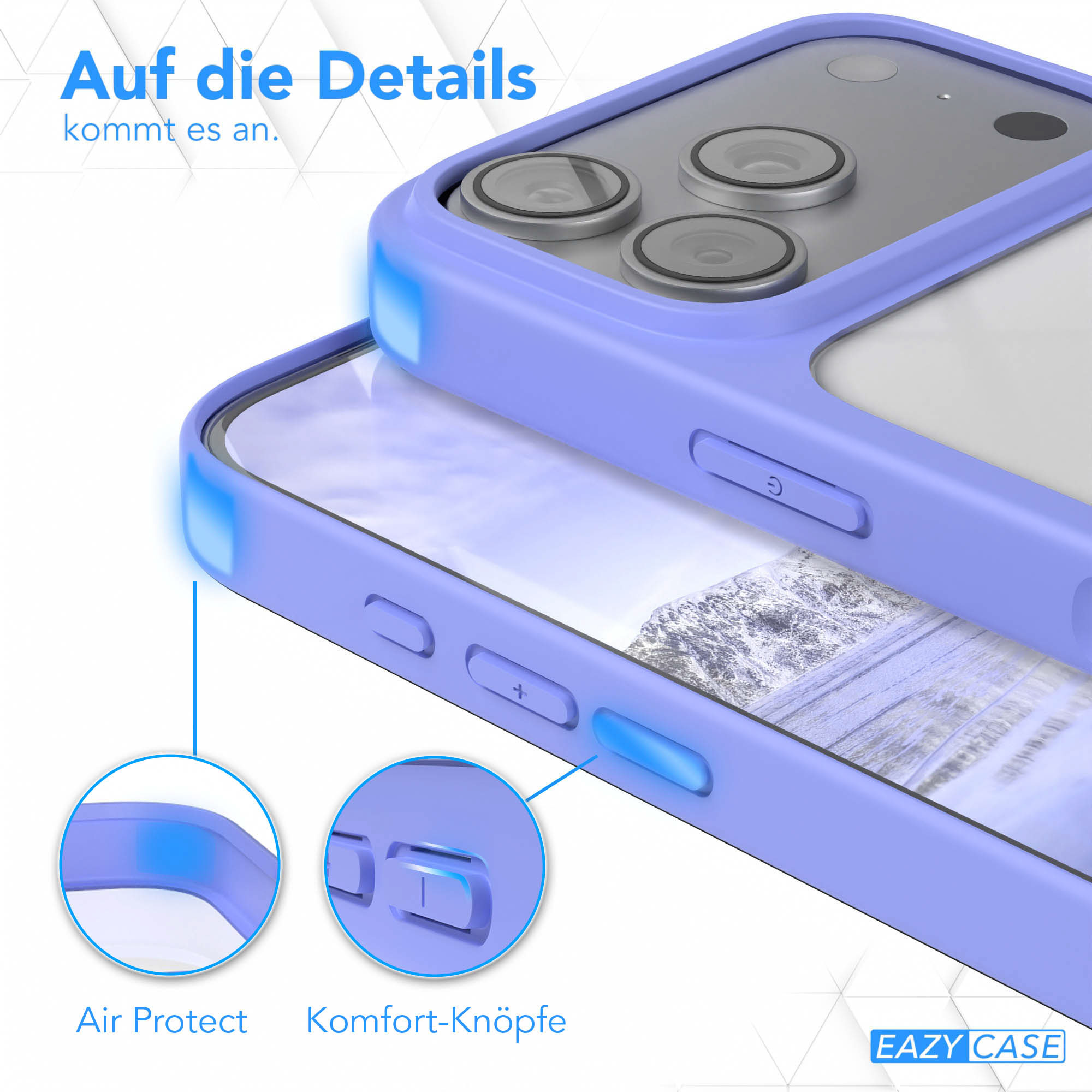 Nahaufnahme einer lila Handyhülle mit hervorgehobenen Details. Text sagt 'Auf die Details kommt es an.' und 'Air Protect'.