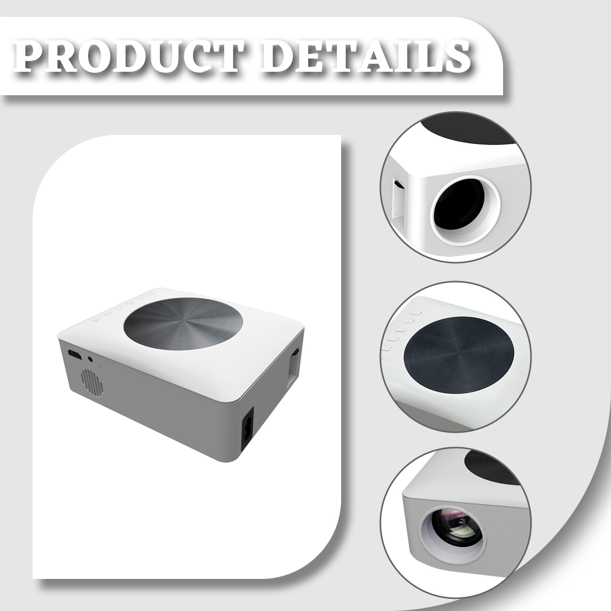Produkt-Detailbild. Weißer Projektor mit silberner Scheibe oben, drei Nahaufnahmen. Grauer Hintergrund mit Text 'PRODUCT DETAILS'.