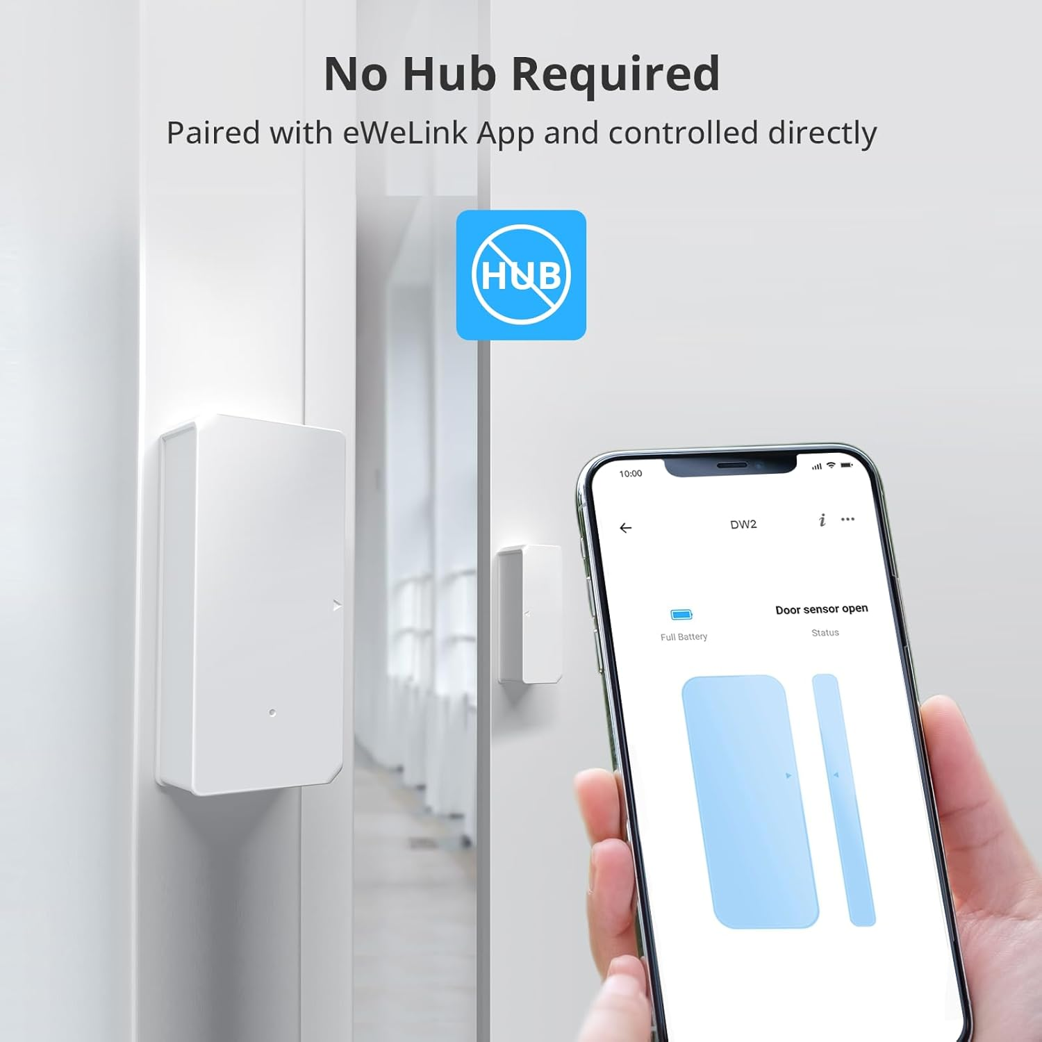 Weißer Türsensor an weißer Wand. Ein Telefon zeigt den Status "Türsensor offen". Text: "Kein Hub erforderlich".