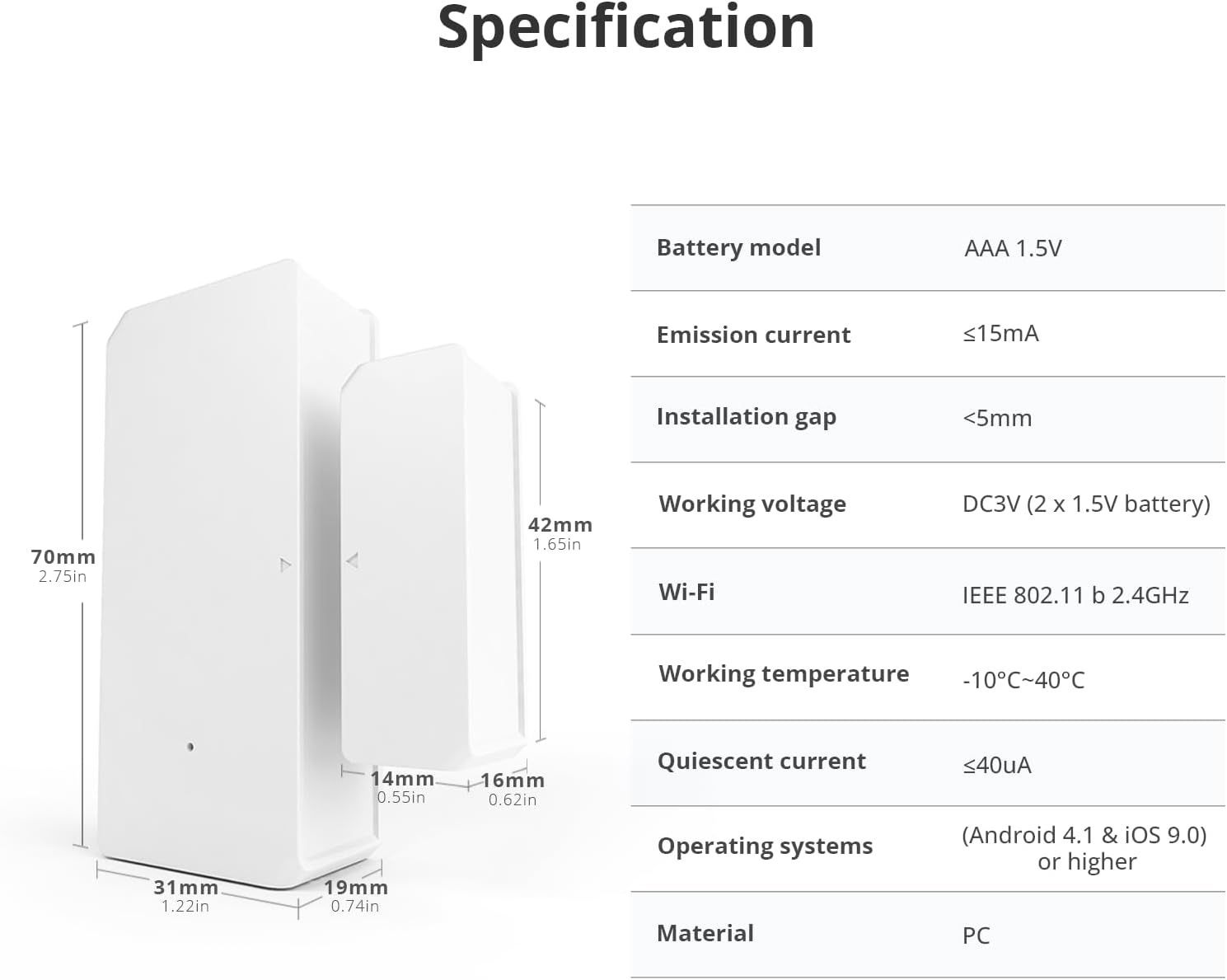 Weißer Sensor mit Abmessungen und Spezifikationen: Batteriemodell, Emissionsstrom, Installationsabstand, Betriebsspannung und Wi-Fi.