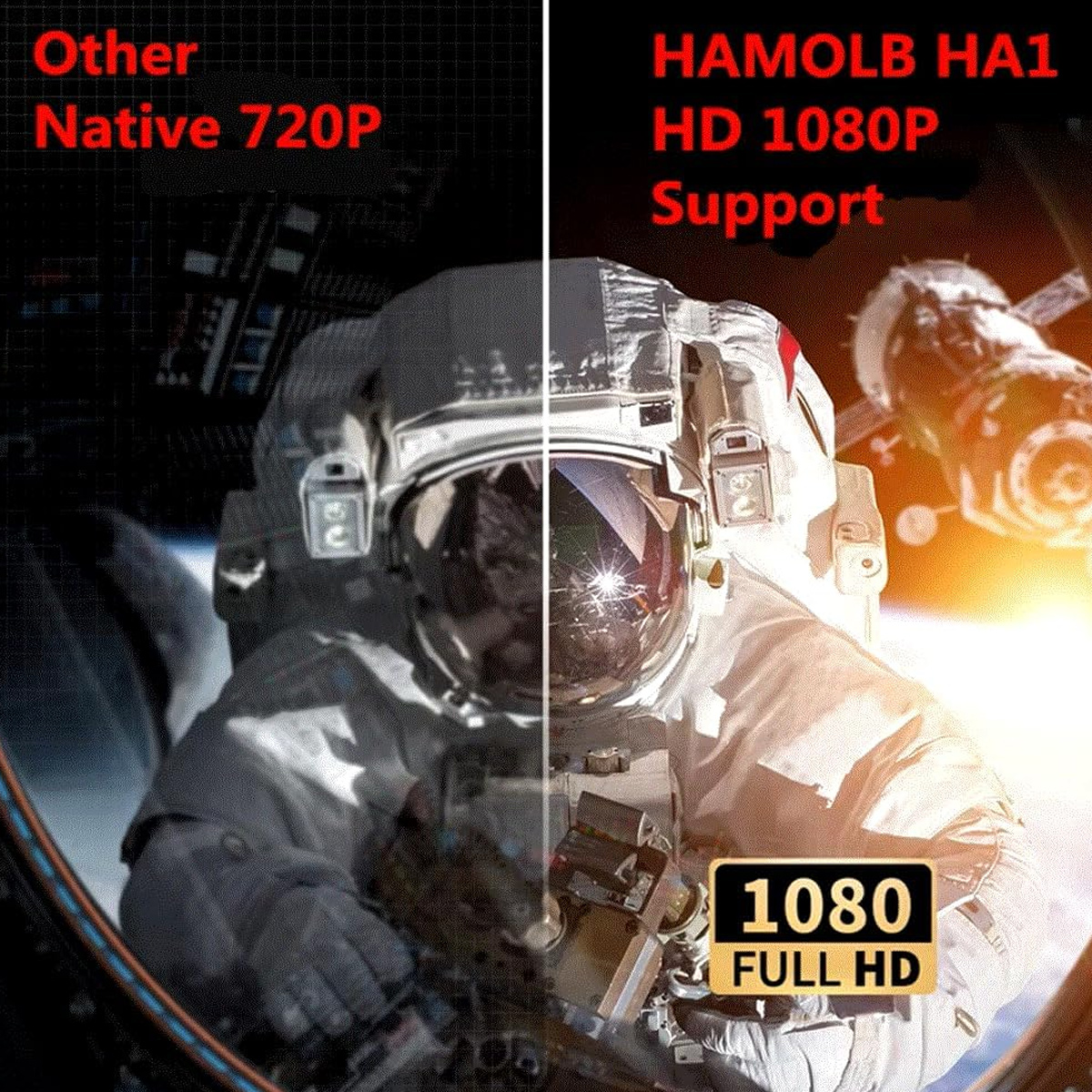 Ein Astronaut in einem Raumanzug in einer Raumstation. Der Astronaut steht vor einem Fenster. Text: HAMOLB HA1 HD 1080P Support.