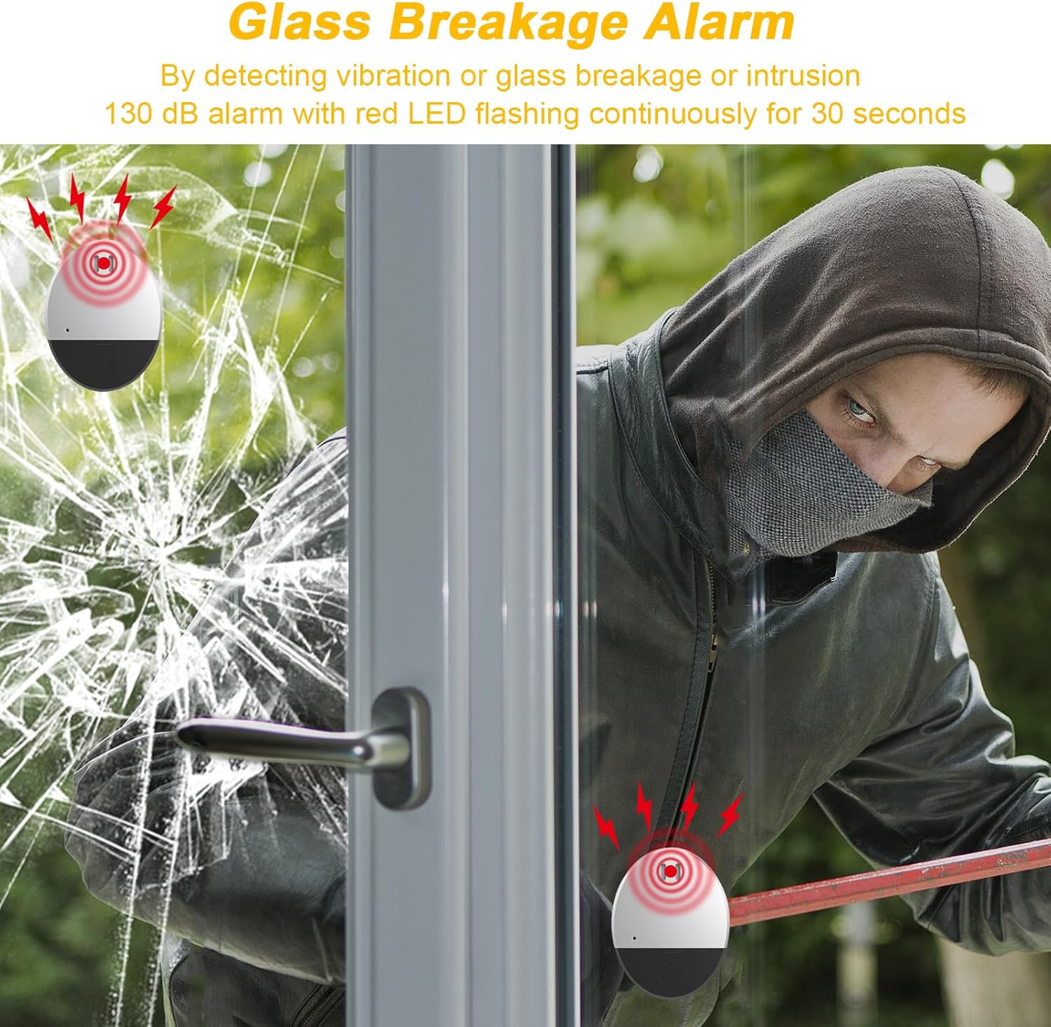 Ein Einbrecher mit Maske versucht, ein Fenster einzuschlagen. Ein Glasbruchalarm wird gezeigt, mit roten LED-Lichtern und Text, der seine Funktion beschreibt.