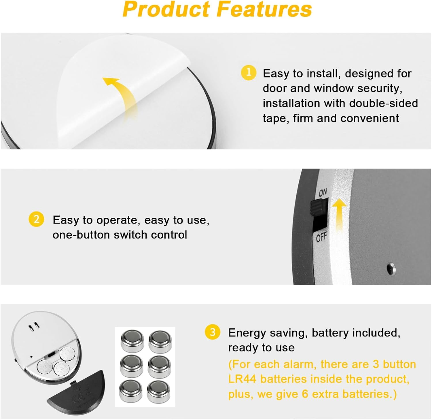 Das Bild zeigt Produktmerkmale: einfache Installation mit Klebeband, Ein-Knopf-Steuerung und Energiesparen mit Batterien für den Alarm.