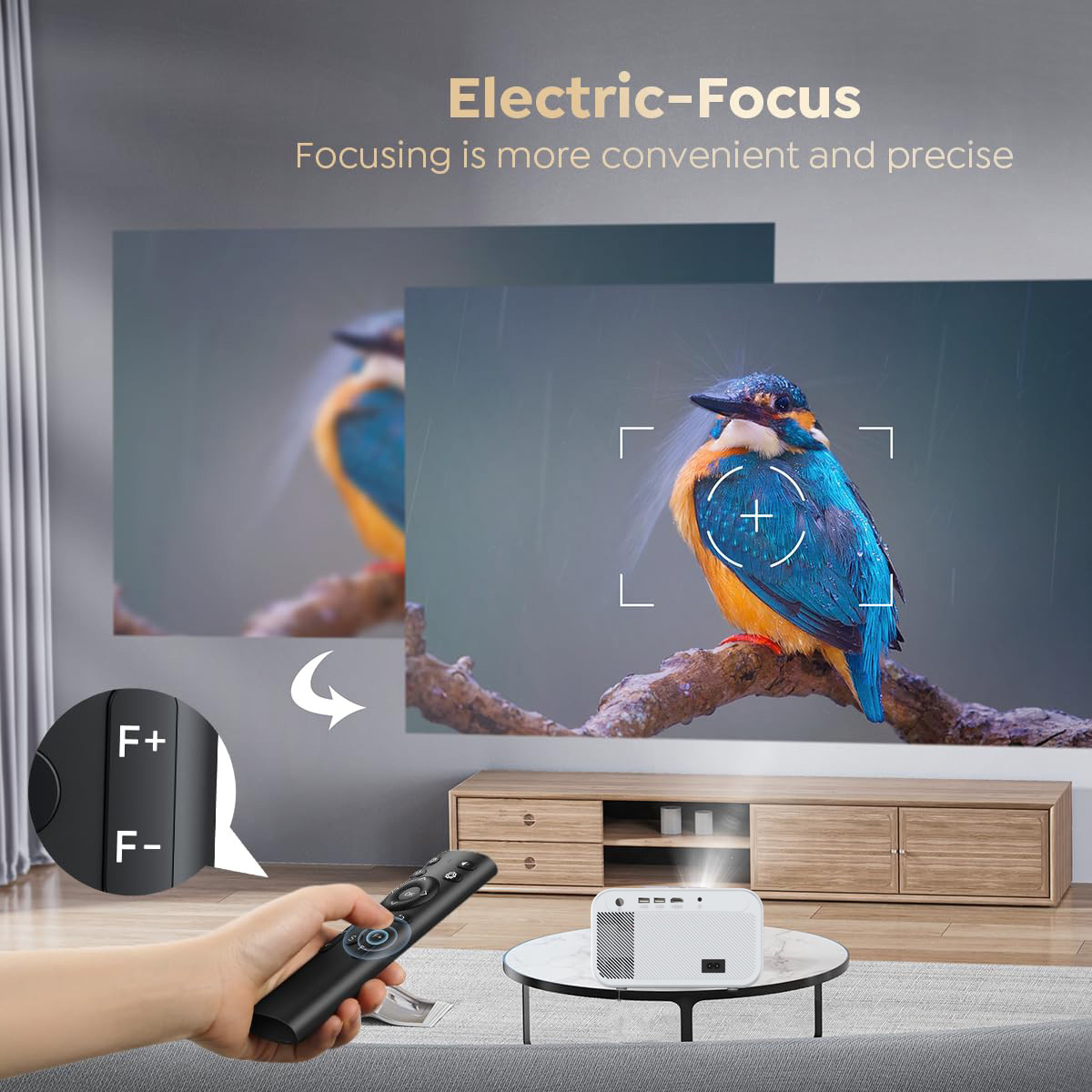 Ein Projektor zeigt ein Vogelbild. Eine Hand hält eine Fernbedienung mit Fokusreglern. Text sagt Electric-Focus.