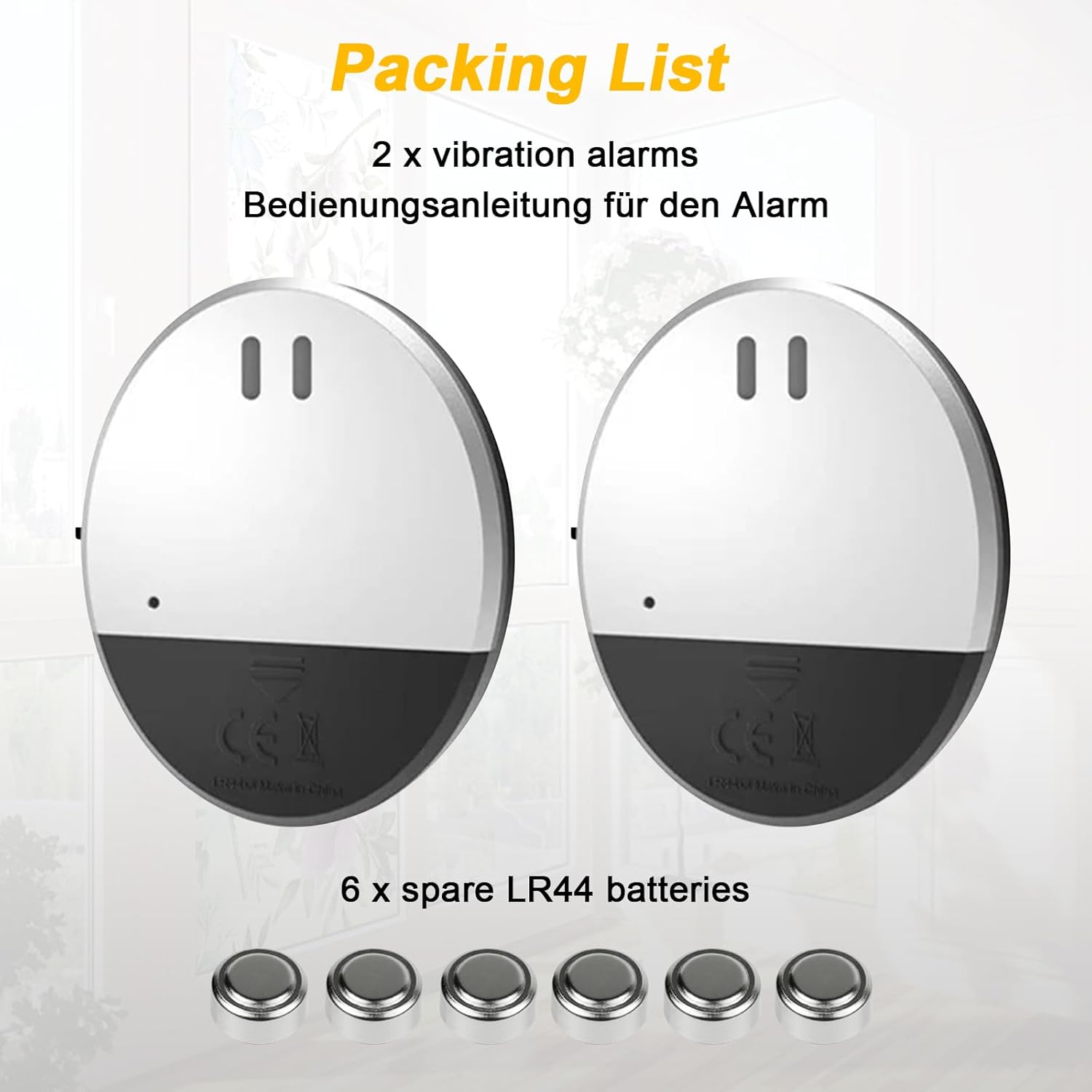 Packliste mit zwei Vibrationsalarmen, Bedienungsanleitung und sechs LR44-Batterien. Die Alarme sind weiß und kreisförmig.