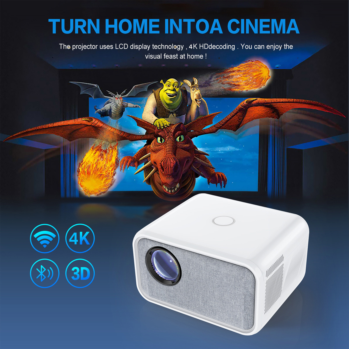 Ein weißer Projektor mit einem Bildschirm, der einen Drachen und Charaktere zeigt. Der Text lautet 'Turn Home Intoa Cinema'.