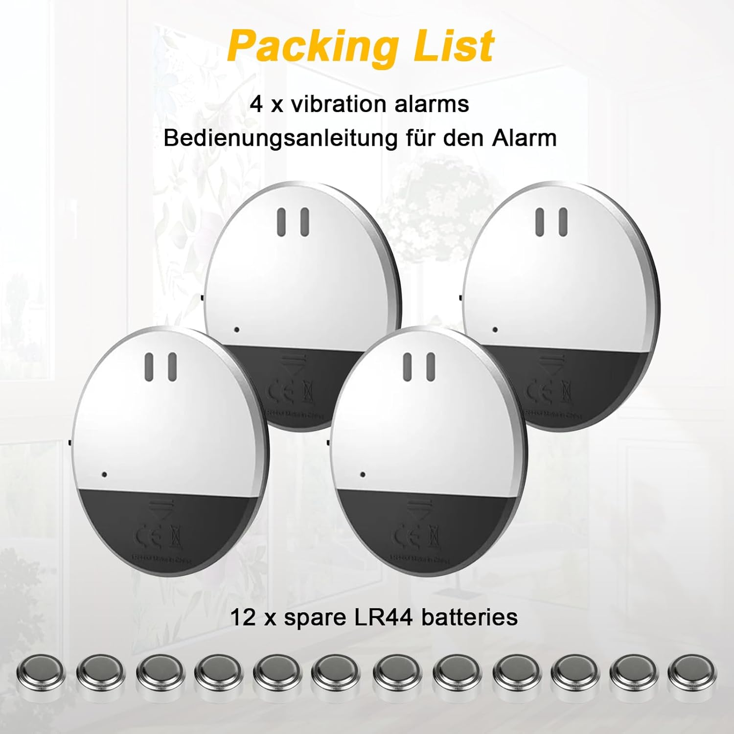 Packliste: 4 Vibrationsalarme, 12 LR44-Batterien. Weiße und schwarze Alarme mit zwei Linien und schwarzem Sockel.