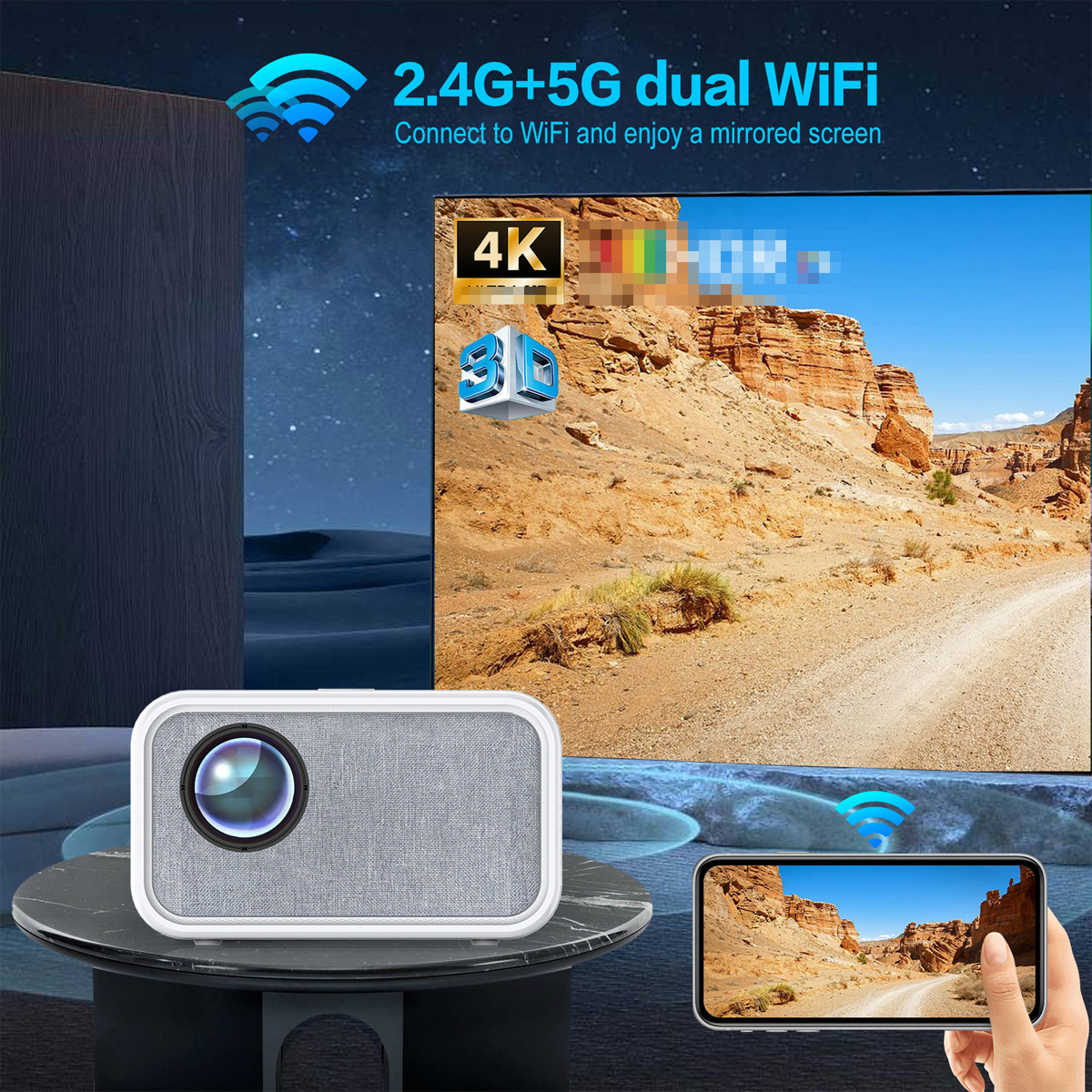 Ein Projektor zeigt eine Wüstenlandschaft. Ein Telefon spiegelt das Bild wider. WLAN-Symbole und Text sind vorhanden. 4K- und 3D-Symbole werden angezeigt.