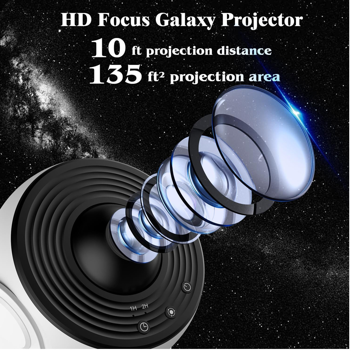 Ein Galaxie-Projektor mit Linsendetails. Text sagt HD Focus Galaxy Projector, 10 ft Projektionsentfernung und 135 ft² Projektionsfläche.