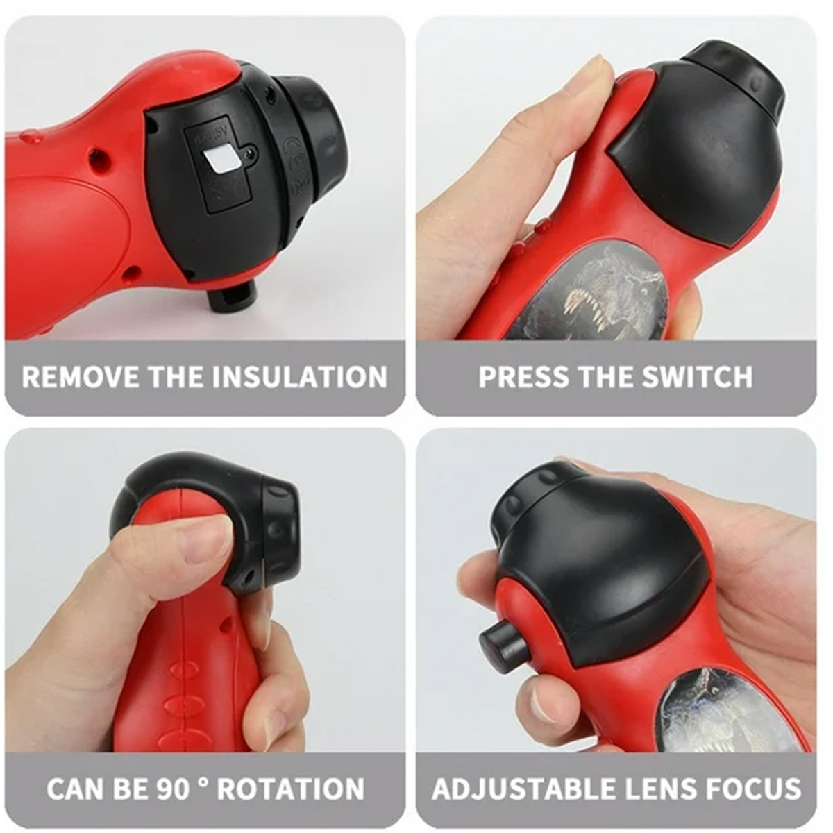 Vier Bilder zeigen Schritte zur Verwendung einer rot-schwarzen Taschenlampe: Isolierung entfernen, Schalter drücken, 90° drehen und fokussieren.
