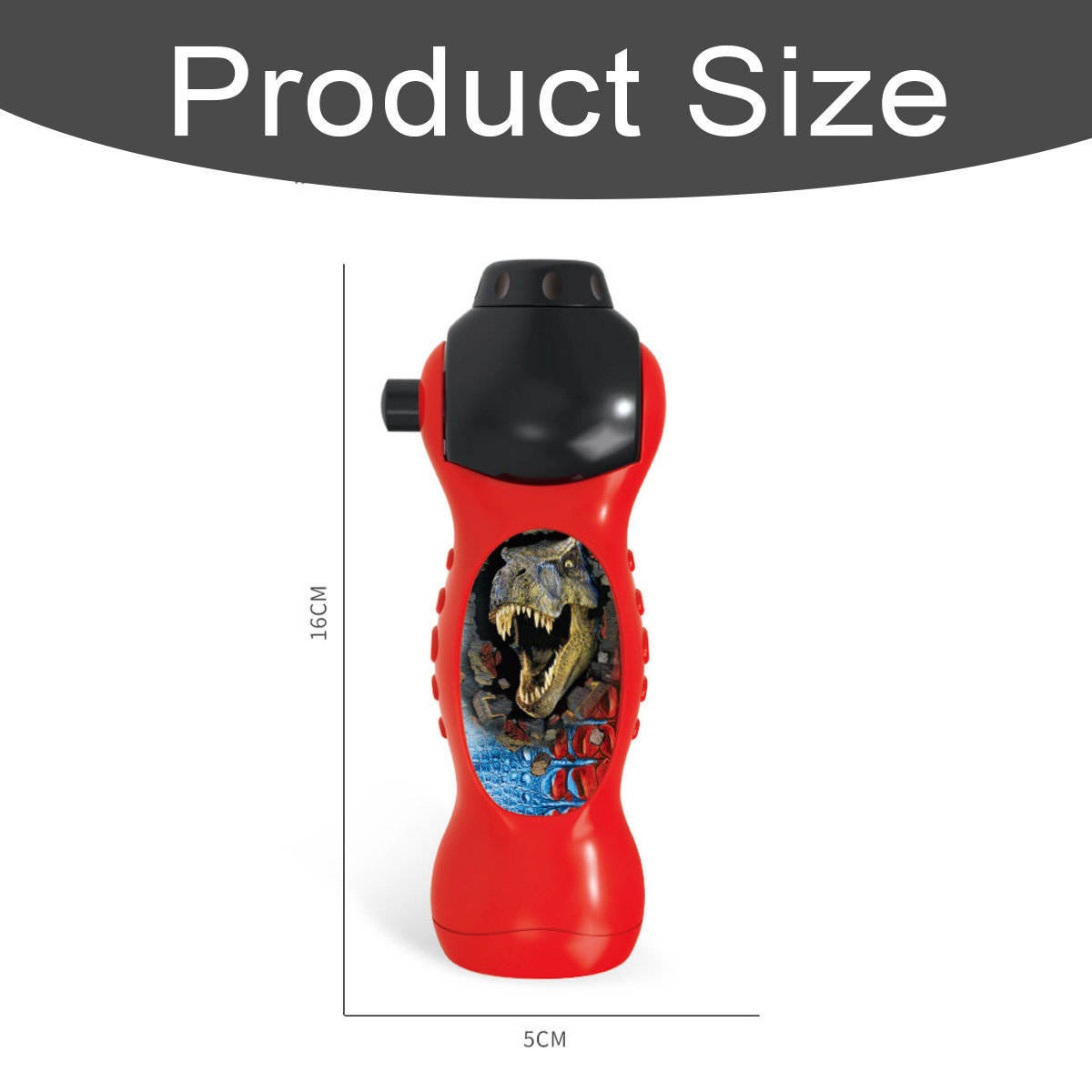 Roter und schwarzer Spielzeugprojektor mit einem Dinosaurierbild. Markiert mit 16 cm Höhe und 5 cm Breite. Darüber steht Produktgröße.