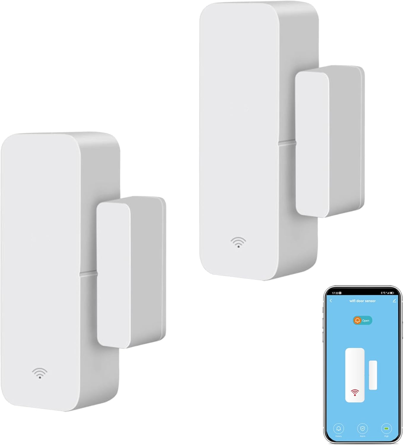 Zwei weiße Türsensoren und ein Telefonbildschirm, der anzeigt, dass ein Sensor geöffnet ist. Jeder Sensor hat ein WLAN-Symbol.
