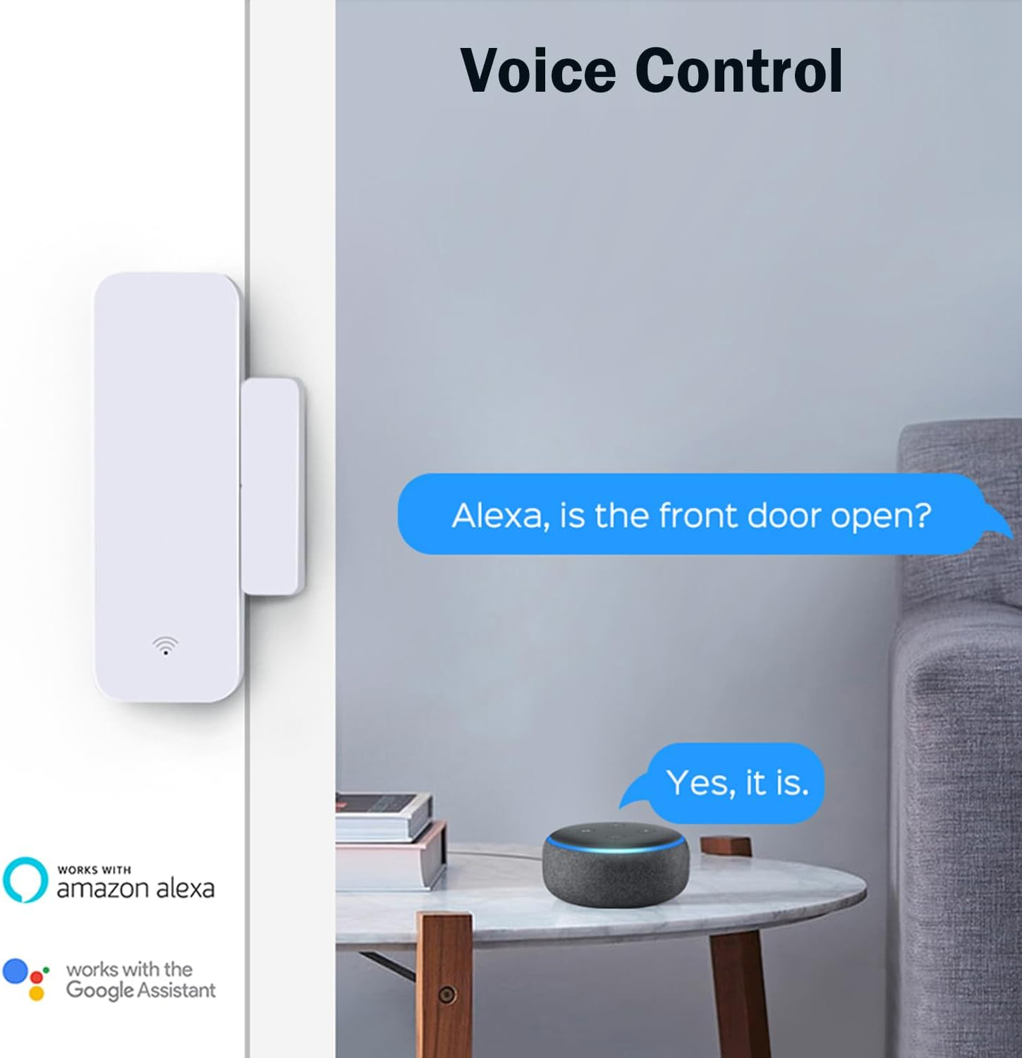 Ein Smart-Home-Setup zeigt einen Türsensor, einen intelligenten Lautsprecher und eine Konversation: 'Alexa, ist die Haustür offen?' 'Ja, ist sie.'