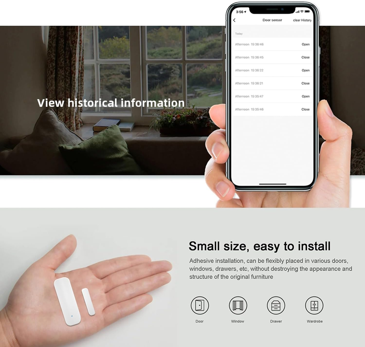 Eine Hand hält ein Telefon mit Türsensorverlauf. Ein weißer Sensor liegt auf einer anderen Hand. Text: kleine Größe, einfach zu installieren.