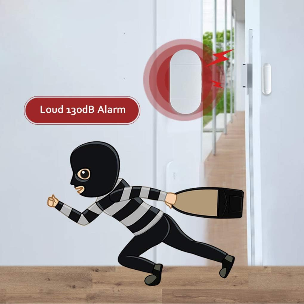 Cartoon-Einbrecher, der vor einer Tür davonläuft. Rote Alarmgrafik und Text 'Loud 130dB Alarm'. Türsensor sichtbar.
