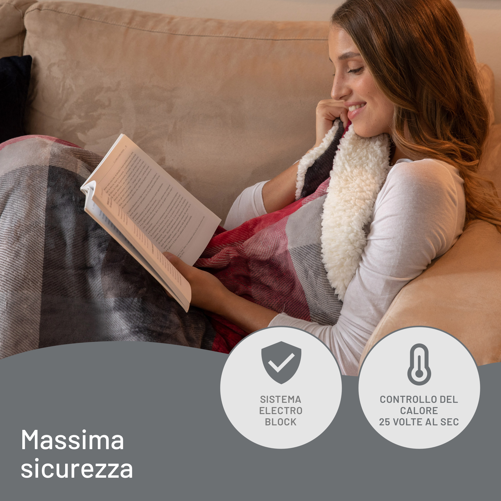Mujer leyendo libro en sofá, cubierta con manta. Iconos de seguridad abajo.