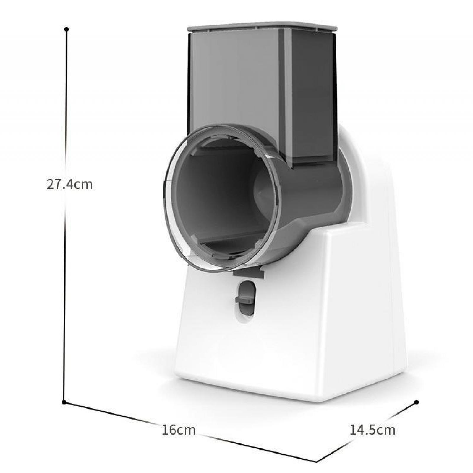 Ein weißer und grauer Foodprocessor. Abmessungen sind beschriftet: 27,4 cm hoch, 16 cm breit und 14,5 cm tief.