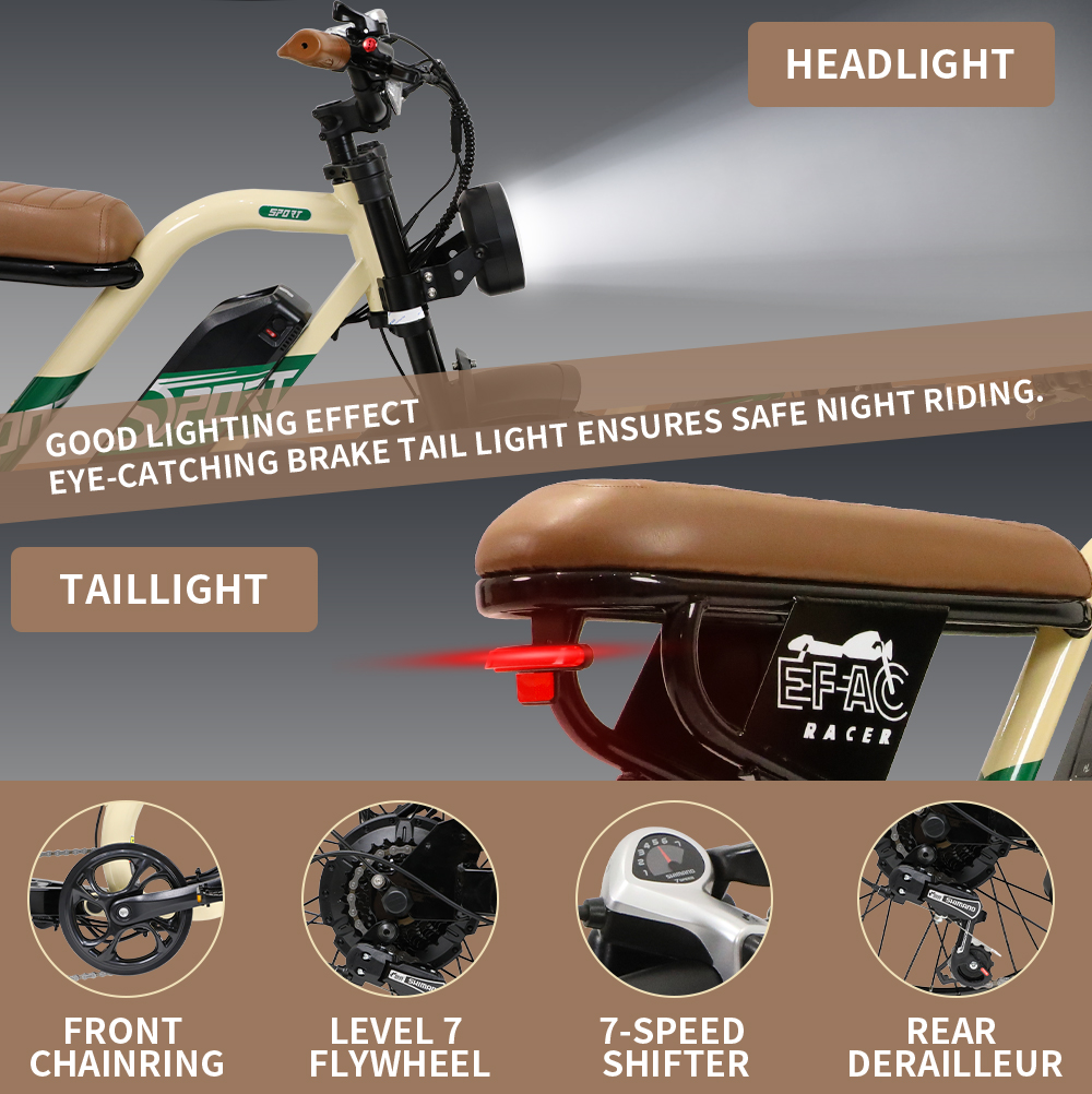 Una bicicleta eléctrica, color crema con asiento marrón. Incluye faro, luz trasera, plato, piñón libre de nivel 7, cambio de 7 velocidades y desviador trasero.