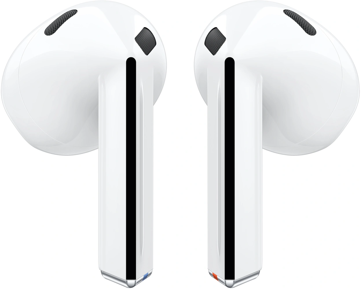 Dwa białe bezprzewodowe słuchawki z czarnymi detalami, czarnym paskiem i małym fragmentem siatki. Słuchawki mają kolorowe akcenty.